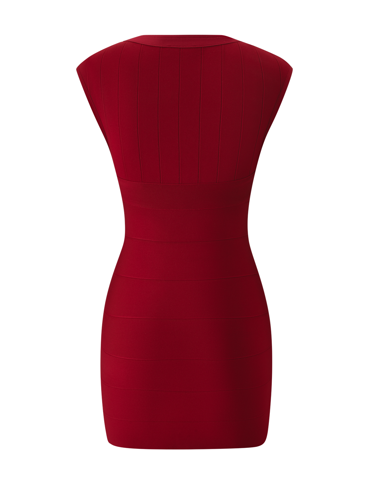 Back view of the EMBER BANDAGE MINI DRESS - CHERRY RED, a sleeveless, ribbed bodice bodycon mini dress with a horizontal banded skirt.