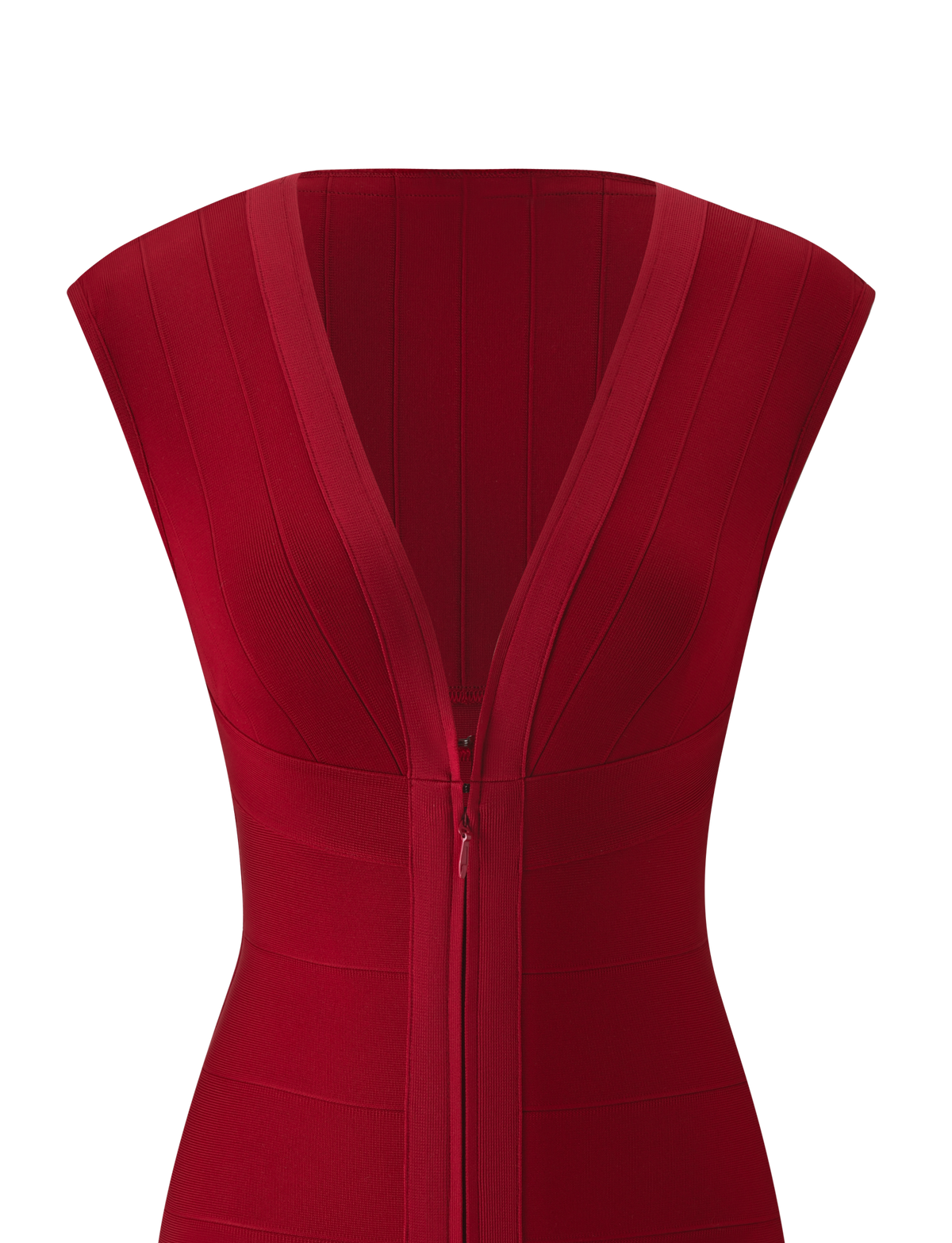 EMBER BANDAGE MINI DRESS - CHERRY RED sleeveless bodycon mini dress featuring a deep V-neckline and a center front zipper.