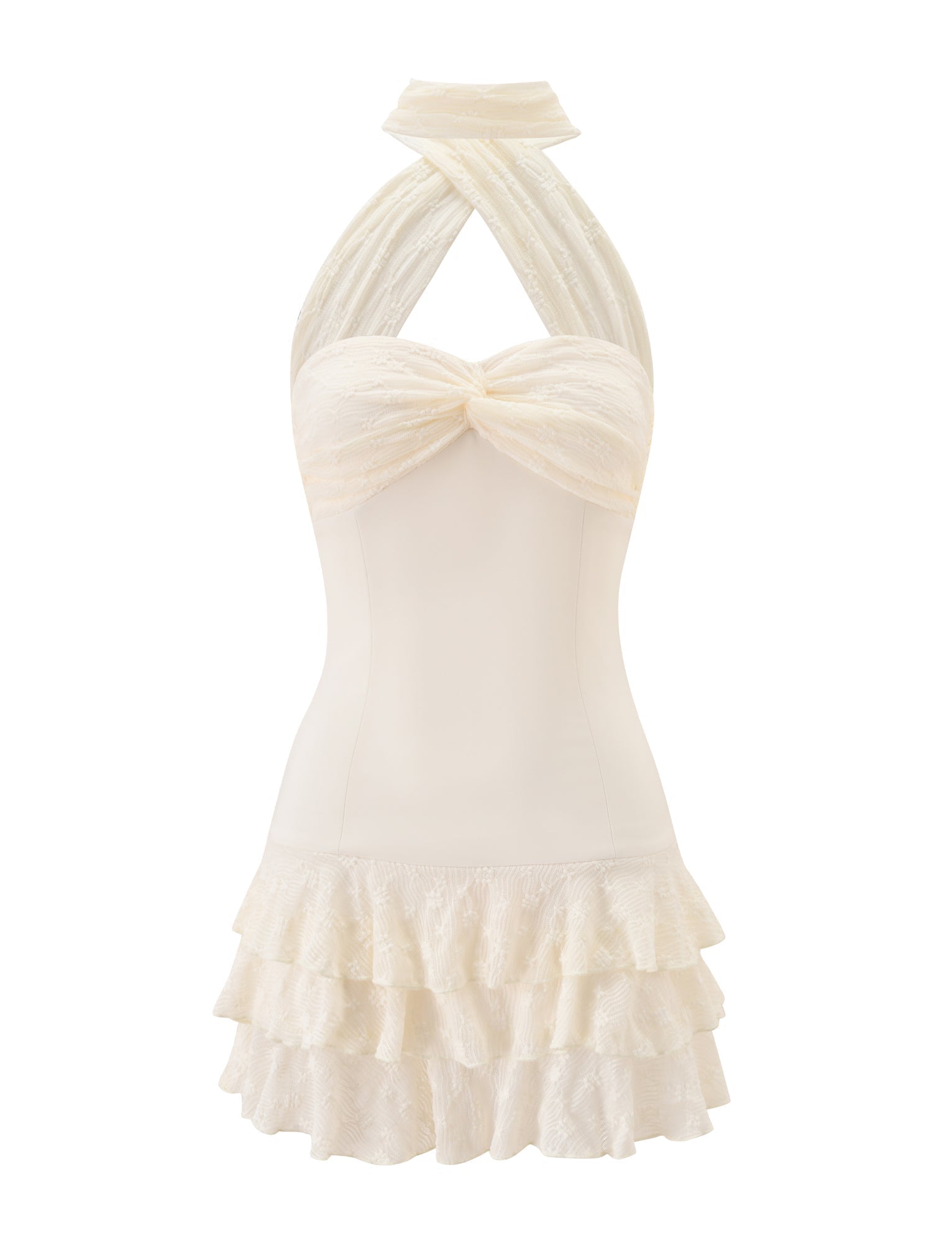 The LYRA MINI DRESS by TIGERMIST is a sleeveless, cream halter dress featuring a sweetheart neckline, corset bodice, and a three-tiered ruffle skirt. Crafted from textured fabric, this elegant and fitted piece embodies modern sophistication.