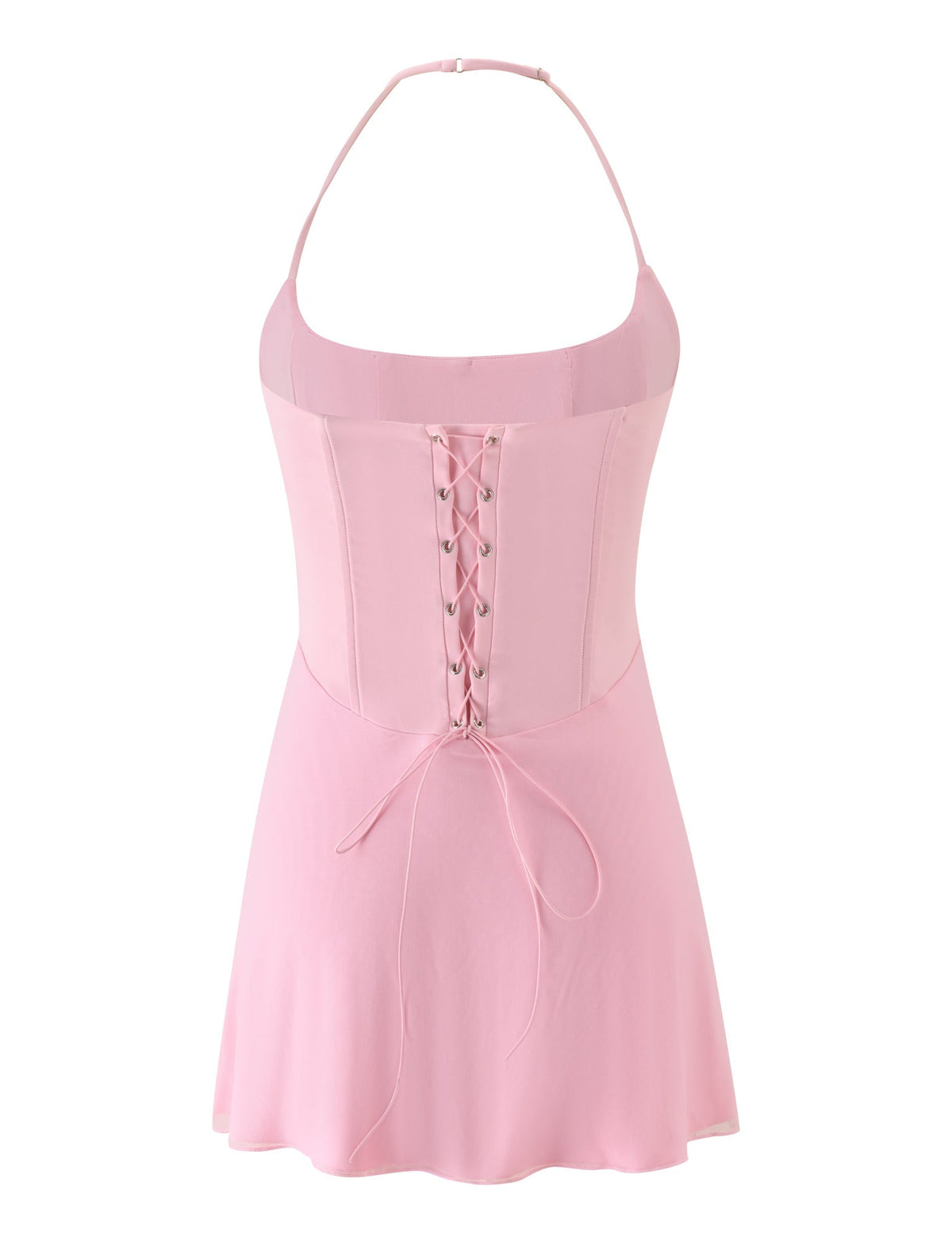 The LYZA MINI DRESS - BABY PINK by TIGERMIST is a light pink halter mini dress featuring a fitted bodice, front lace-up corset detail, and a flared skirt. This feminine and elegant piece is ideal for both casual and semi-formal occasions.
