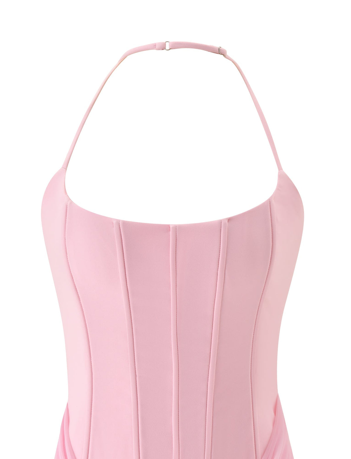 The LYZA MINI DRESS in baby pink by TIGERMIST, featuring vertical seam detailing on the bodice, is shown from the front against a white background.