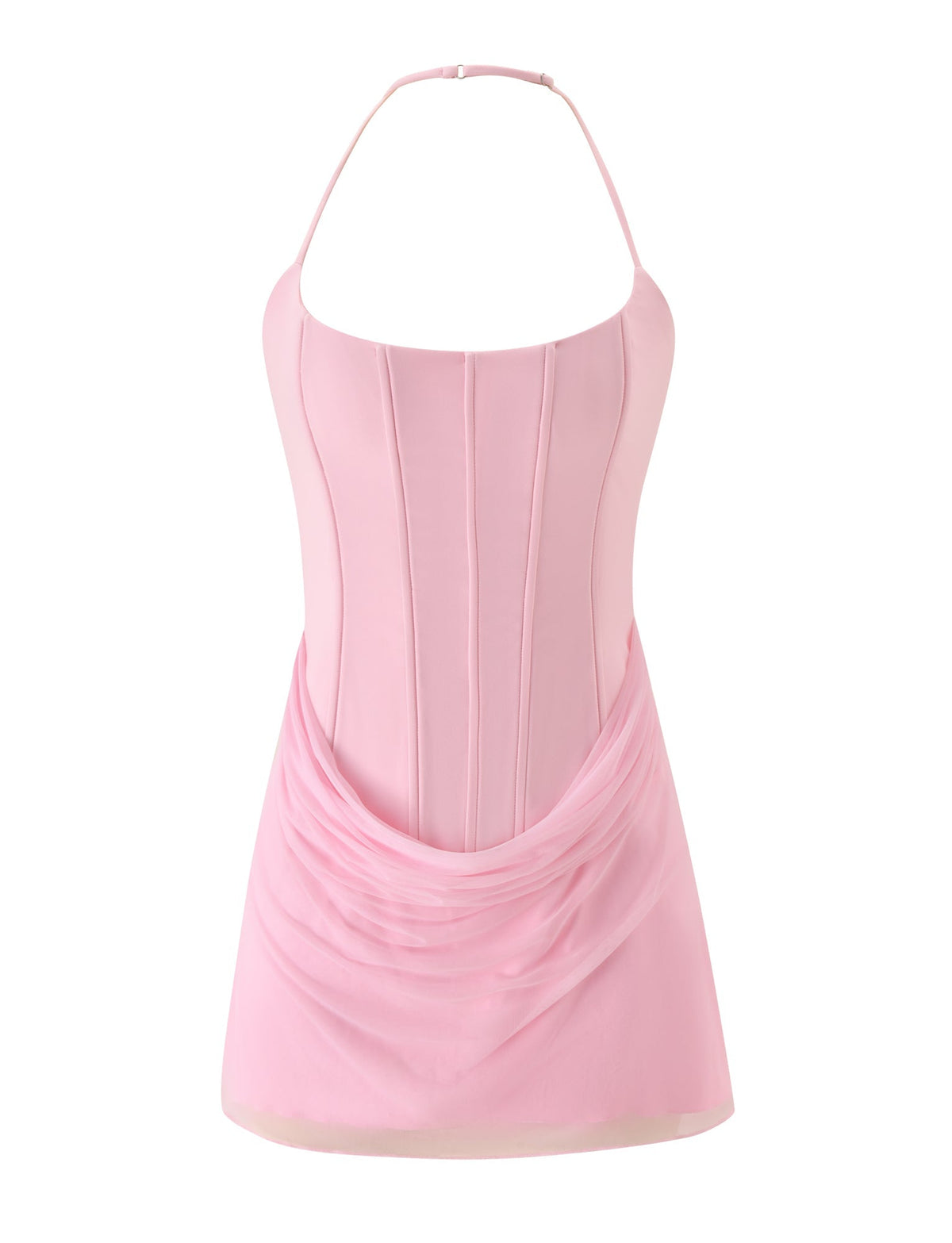 The LYZA MINI DRESS - BABY PINK by TIGERMIST is a sleeveless halter mini dress in light pink, featuring a fitted corset-style bodice and a draped, ruched skirt for an effortlessly chic look.