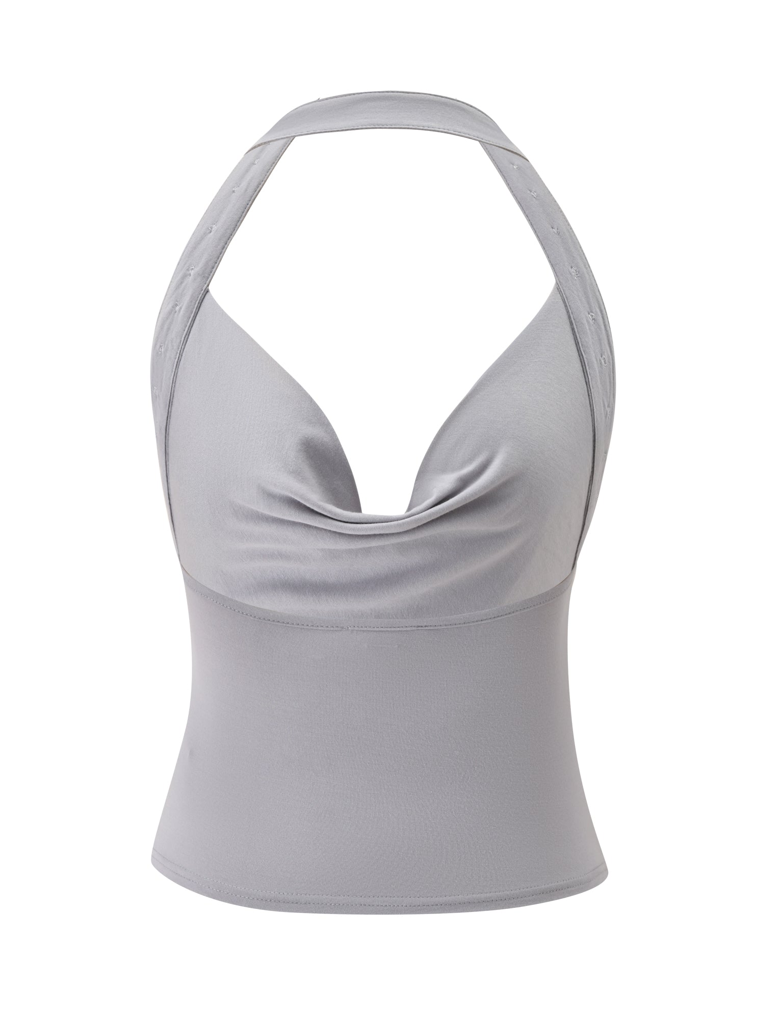 Introducing the SUKI TOP - GREY by TIGERMIST—a light gray sleeveless halter top designed with a draped cowl neckline and a fitted waist. Expertly crafted from buttery jersey for an ultra-soft feel, this grey top features an elegant asymmetrical hem and is showcased against a plain white background.