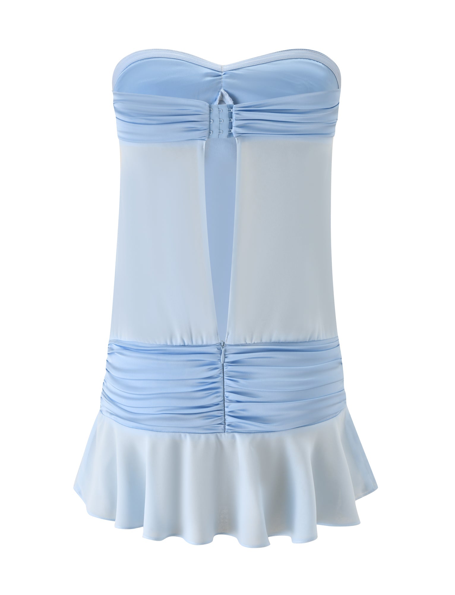 The TIGERMIST LUX MINI DRESS in Baby Blue is a strapless satin mini dress with ruched bust and waist, a central cutout, and a flared ruffle hem—an ideal chic choice for summer.