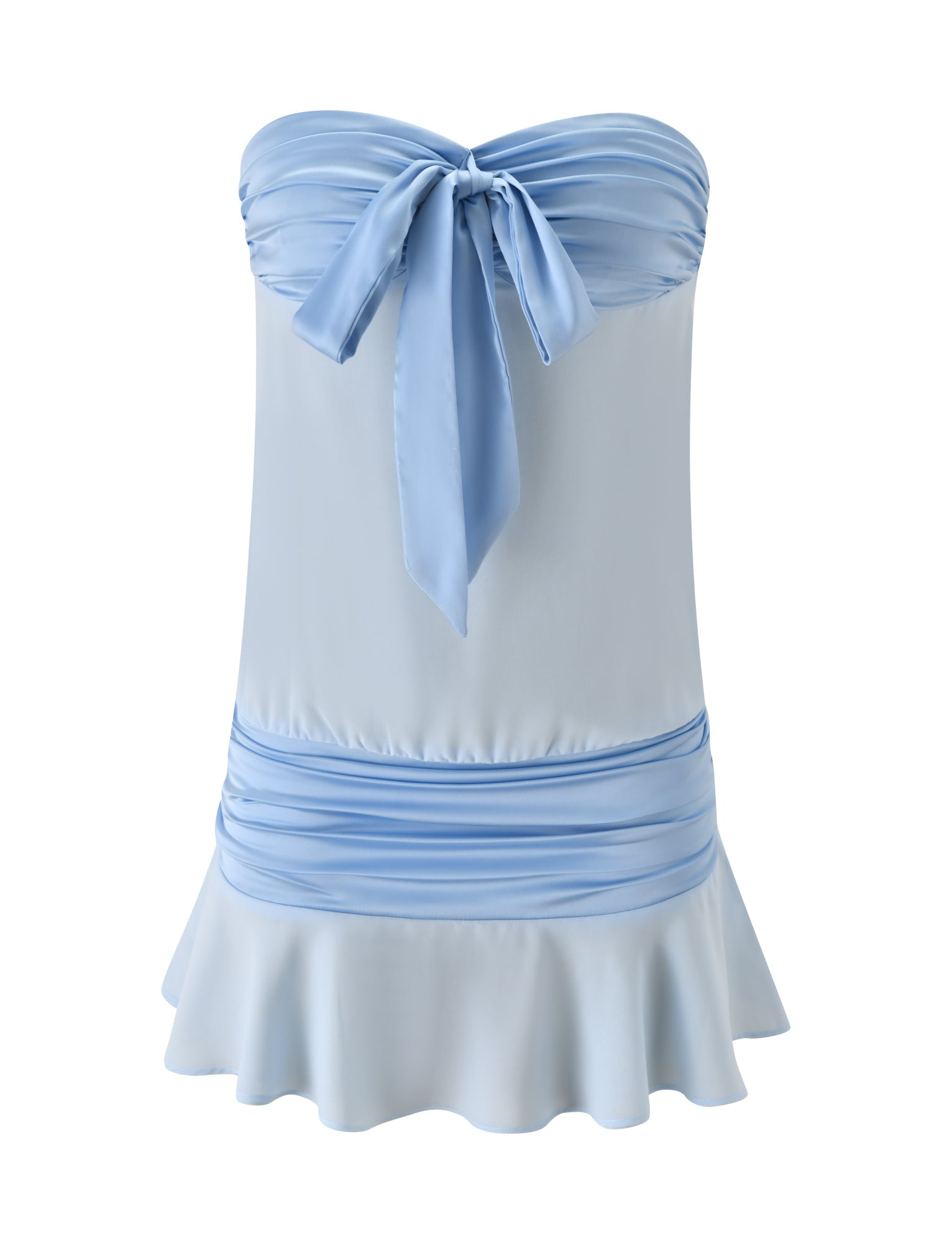 The LUX MINI DRESS by TIGERMIST features a strapless blue satin design with a ruched bodice, chest bow tie, wide ruched waistband, and flared ruffled hem for an effortlessly chic summer look.