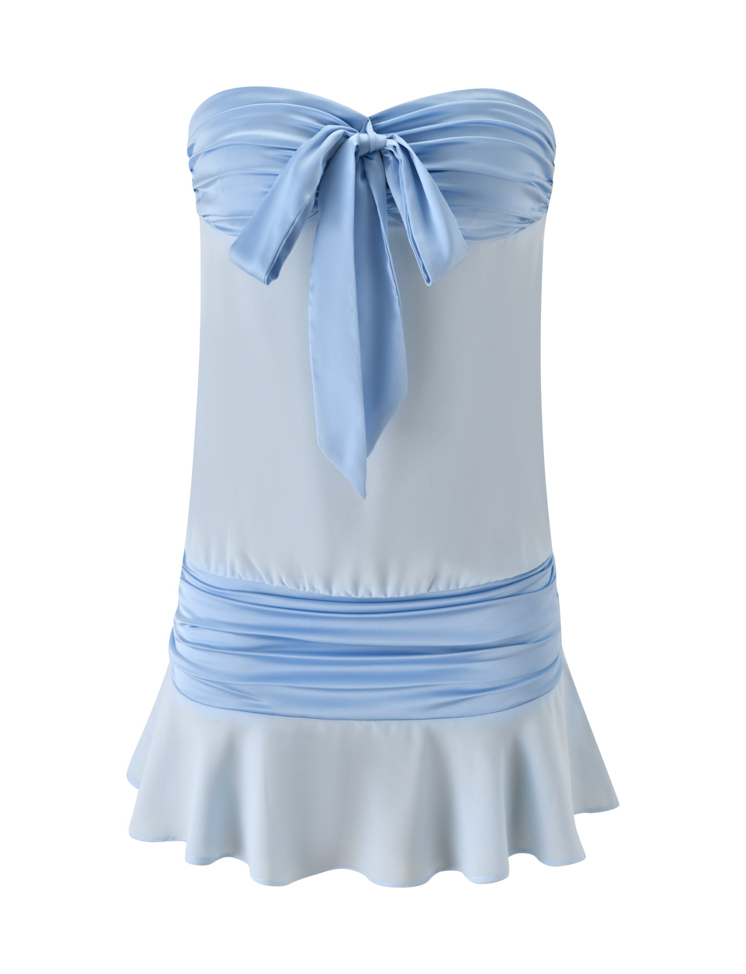 The LUX MINI DRESS by TIGERMIST features a strapless blue satin design with a ruched bodice, chest bow tie, wide ruched waistband, and flared ruffled hem for an effortlessly chic summer look.