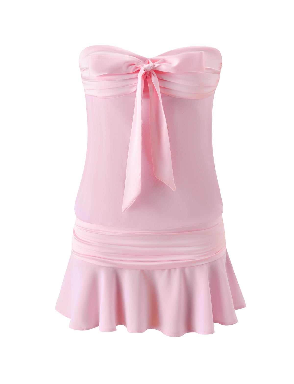 The LUX MINI DRESS - BALLET PINK by TIGERMIST features a strapless neckline, chest bow, fitted waist, and flared mini skirt in soft sheer satin—perfect for a girls’ night out.