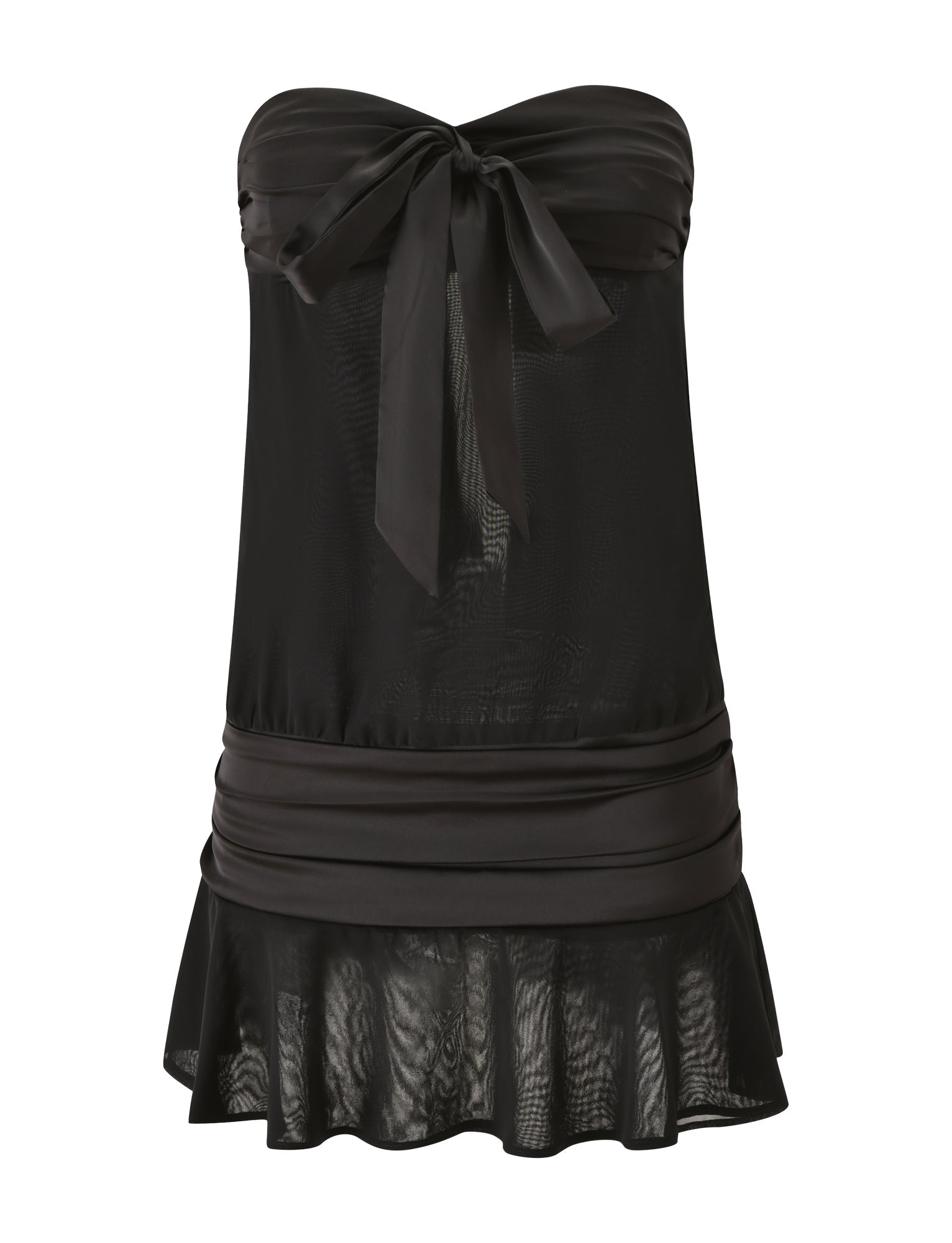 Elevate your look with the TIGERMIST LUX MINI DRESS in black, a strapless sheer piece featuring a satin-like bow at the bust, ruched waist detailing, and a flared hem—making it the perfect alternative to a classic little black dress.