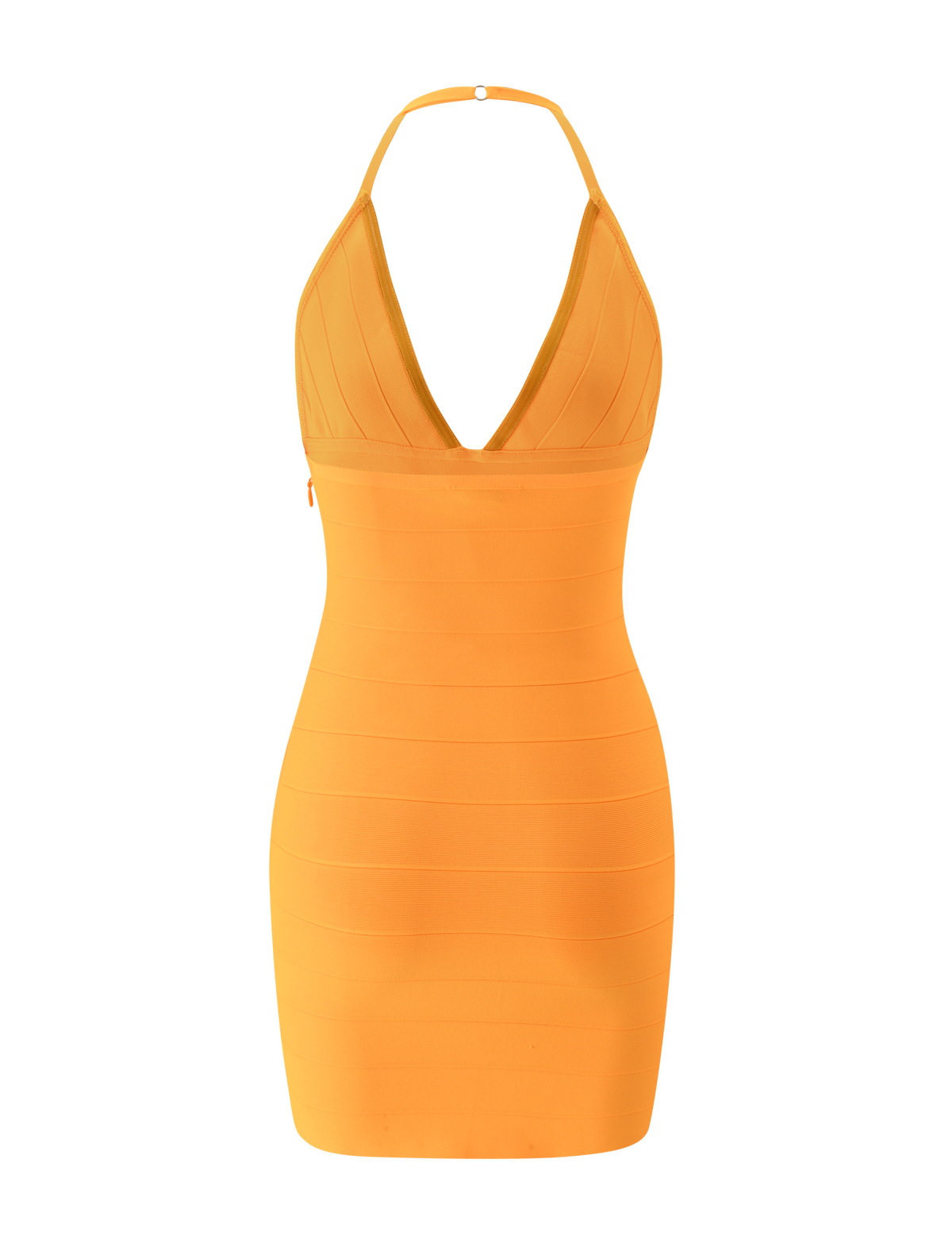 The NYX BANDAGE MINI DRESS - NEON MANGO by TIGERMIST is a sleeveless, fitted mini dress featuring a halter neck and deep V-neckline, showcased against a plain white background.