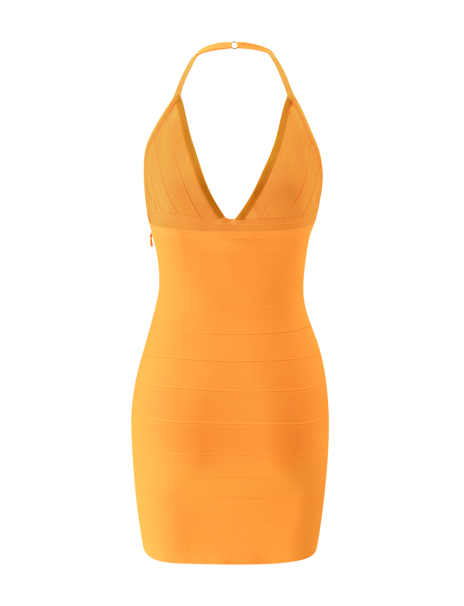 The TIGERMIST NYX MINI BANDAGE DRESS in Neon Mango is a sleeveless, fitted mini dress with a halter neckline and deep V-neck, shown against a plain white background.