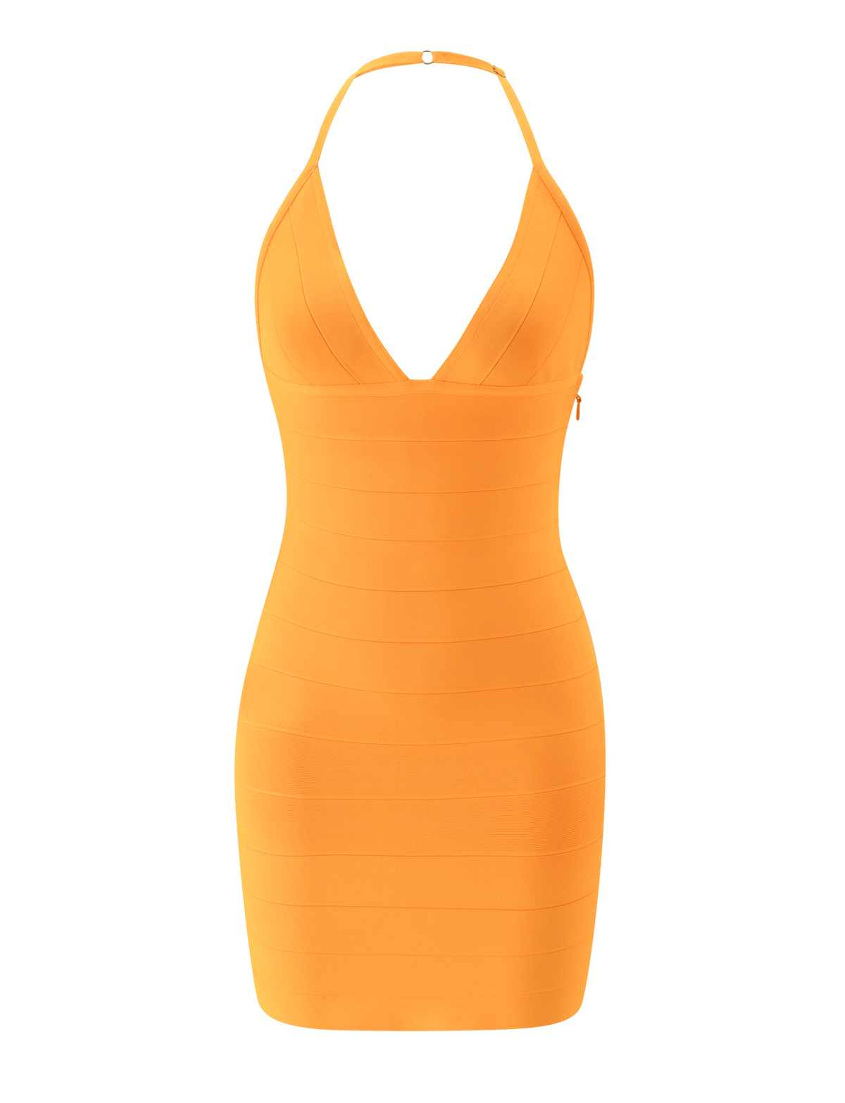 The NYX BANDAGE MINI DRESS - NEON MANGO by TIGERMIST is a sleeveless, fitted bandage mini dress featuring a deep V-neckline and halter strap, shown against a plain white background.