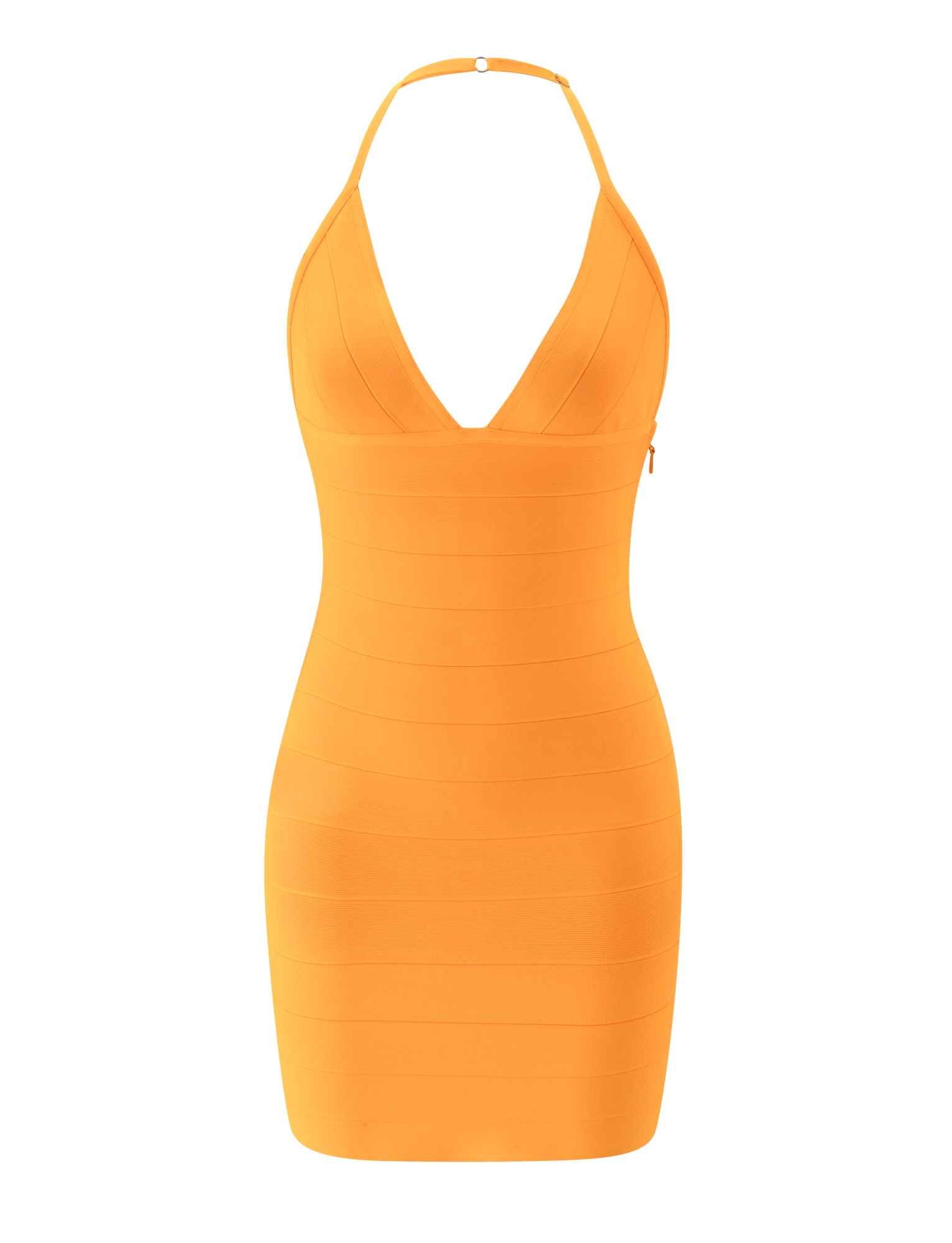 The NYX MINI BANDAGE DRESS by TIGERMIST features a neon mango hue, halter neck, deep V-neckline, and sleeveless bodycon fit, shown against a plain white background.