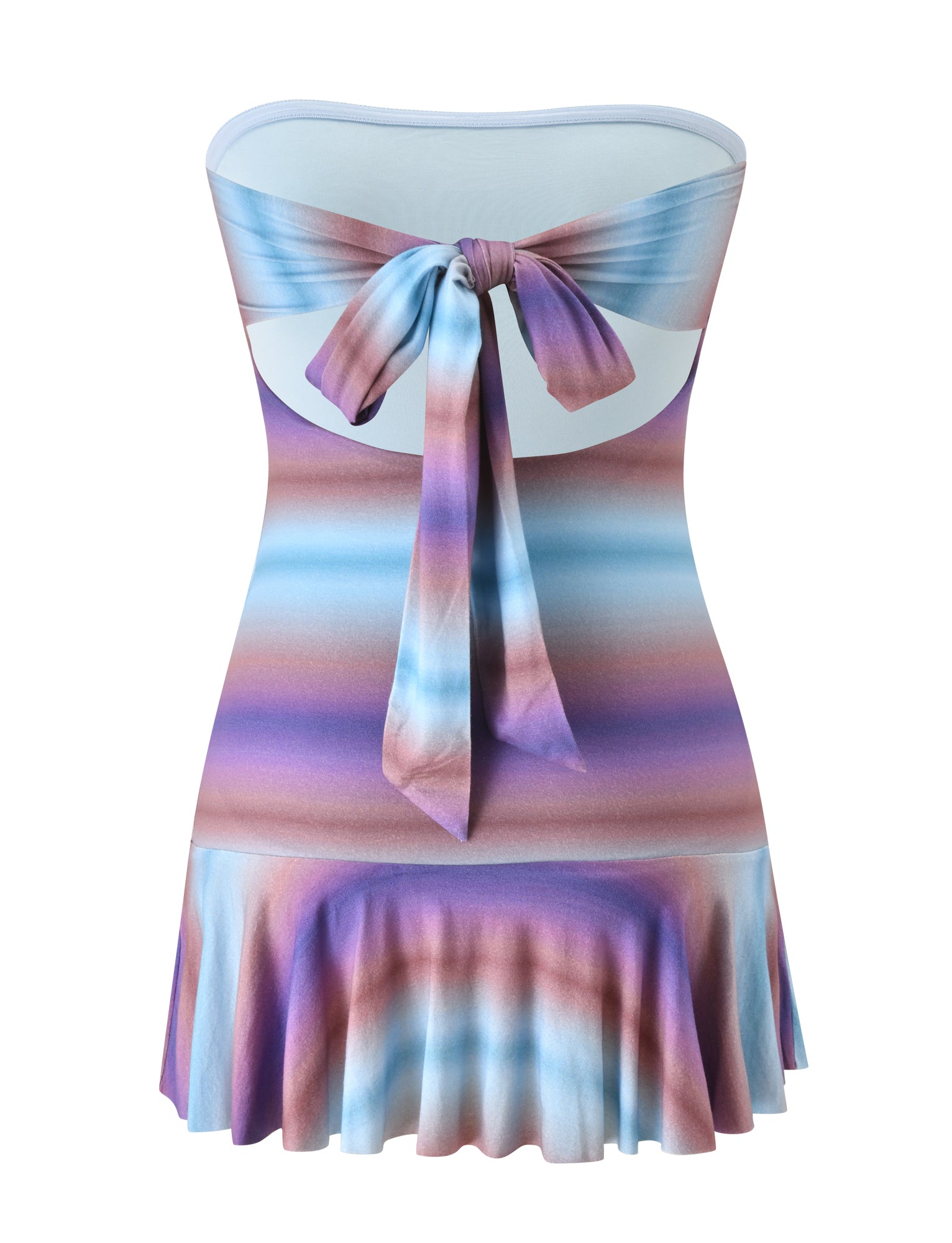 The MIRRAN MINI DRESS - MERMAID OMBRE STRIPE by TIGERMIST is a strapless mini dress showcasing a striking purple, blue, and pink ombre stripe pattern, complete with a large back bow and a flared skirt reminiscent of mermaid-inspired style.