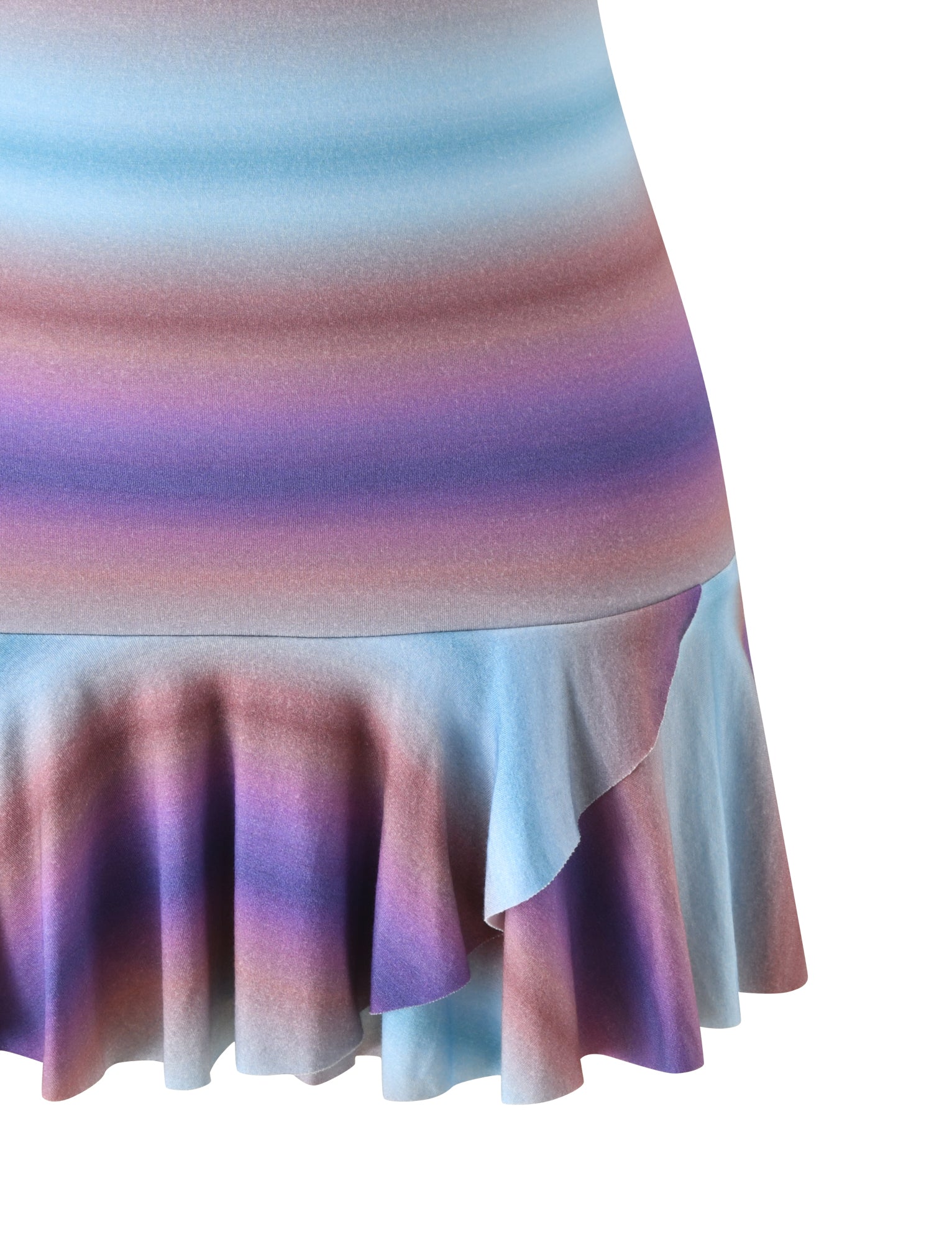 A close-up of the TIGERMIST MIRRAN MINI DRESS - MERMAID OMBRE STRIPE, featuring a ruffled hem and horizontal gradient stripes in blue, purple, and pink shades against a white background.