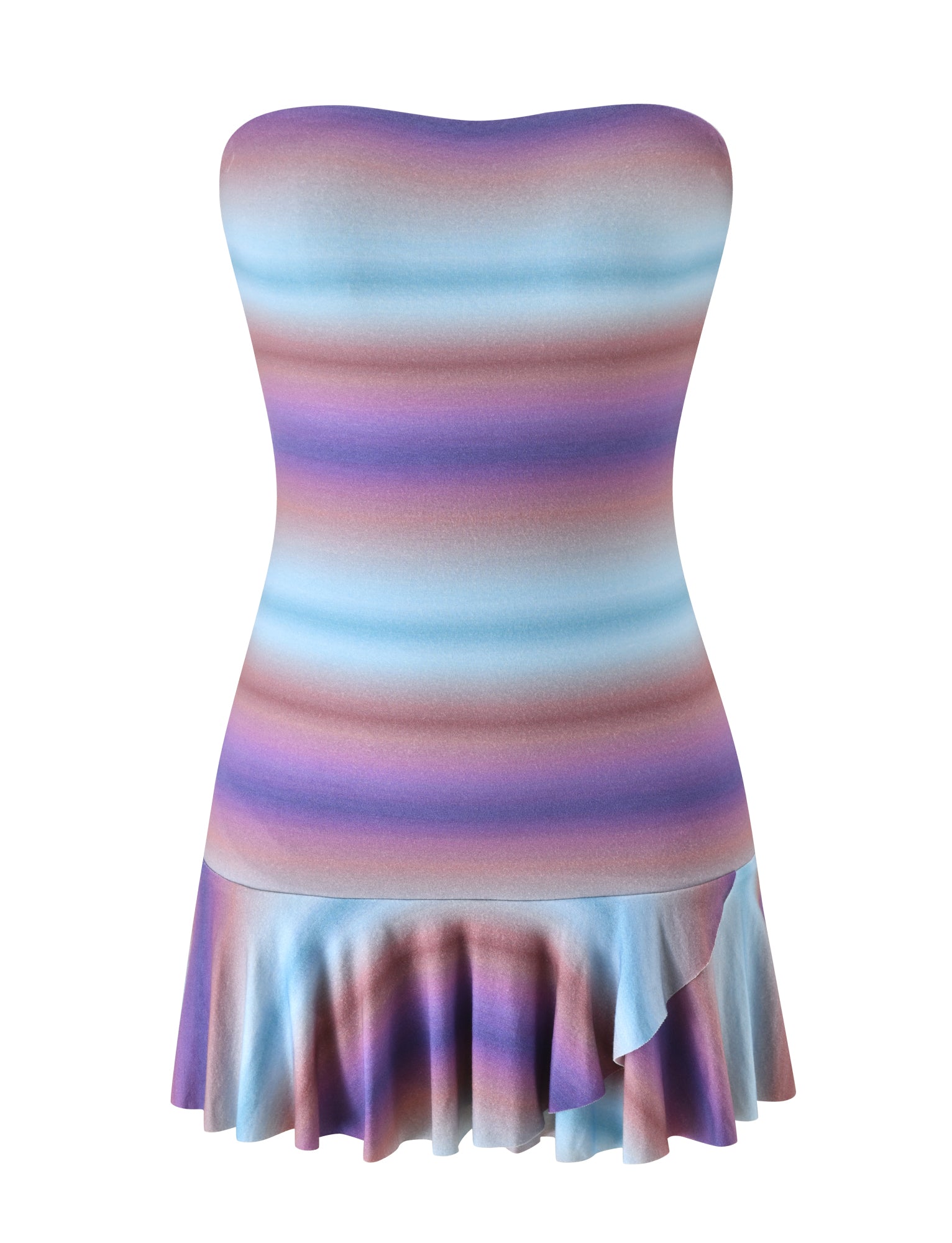 Introducing the MIRRAN MINI DRESS - MERMAID OMBRE STRIPE by TIGERMIST: a strapless mini dress in dreamy blue, purple, and pink pastel stripes, finished with a playful one-sided ruffled hem—perfect for turning heads at your next summer outing.