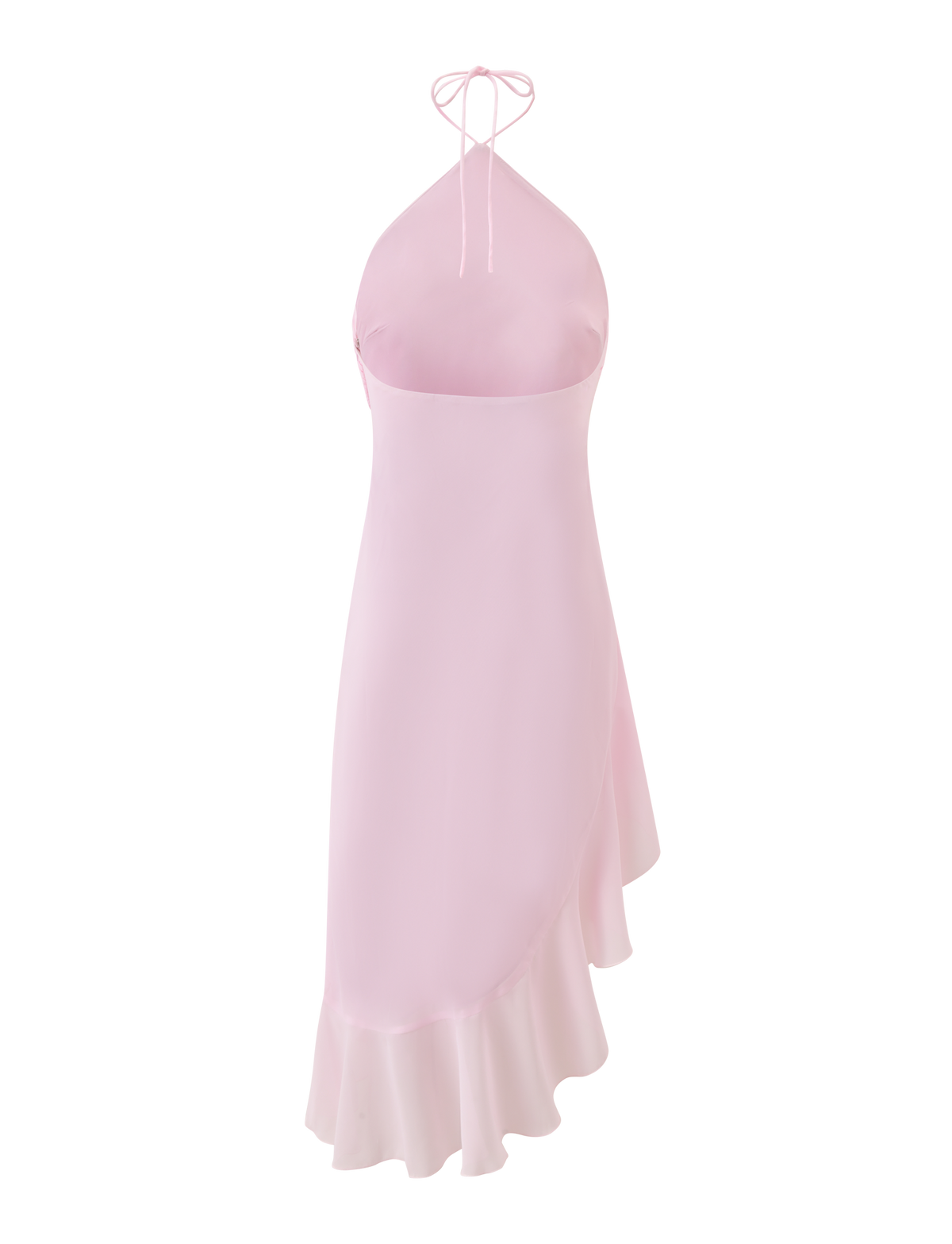 The TIGERMIST ELARINA MIDI DRESS in pink is a sleeveless halter-neck style with a tie-neck, fitted bodice, and an asymmetrical ruffled hem, displayed on a white background.