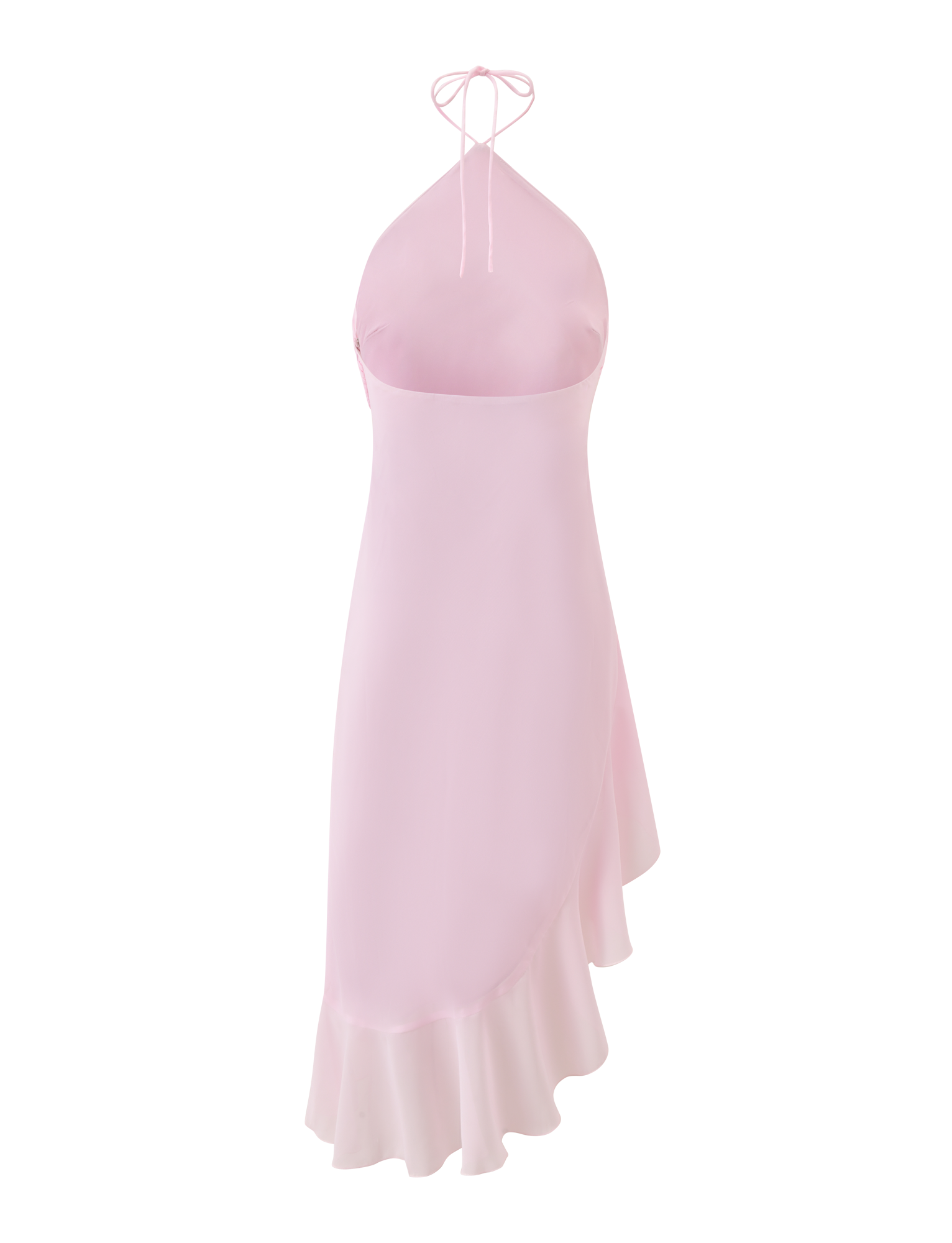 The TIGERMIST ELARINA MIDI DRESS in pink is a sleeveless halter-neck style with a tie-neck, fitted bodice, and an asymmetrical ruffled hem, displayed on a white background.