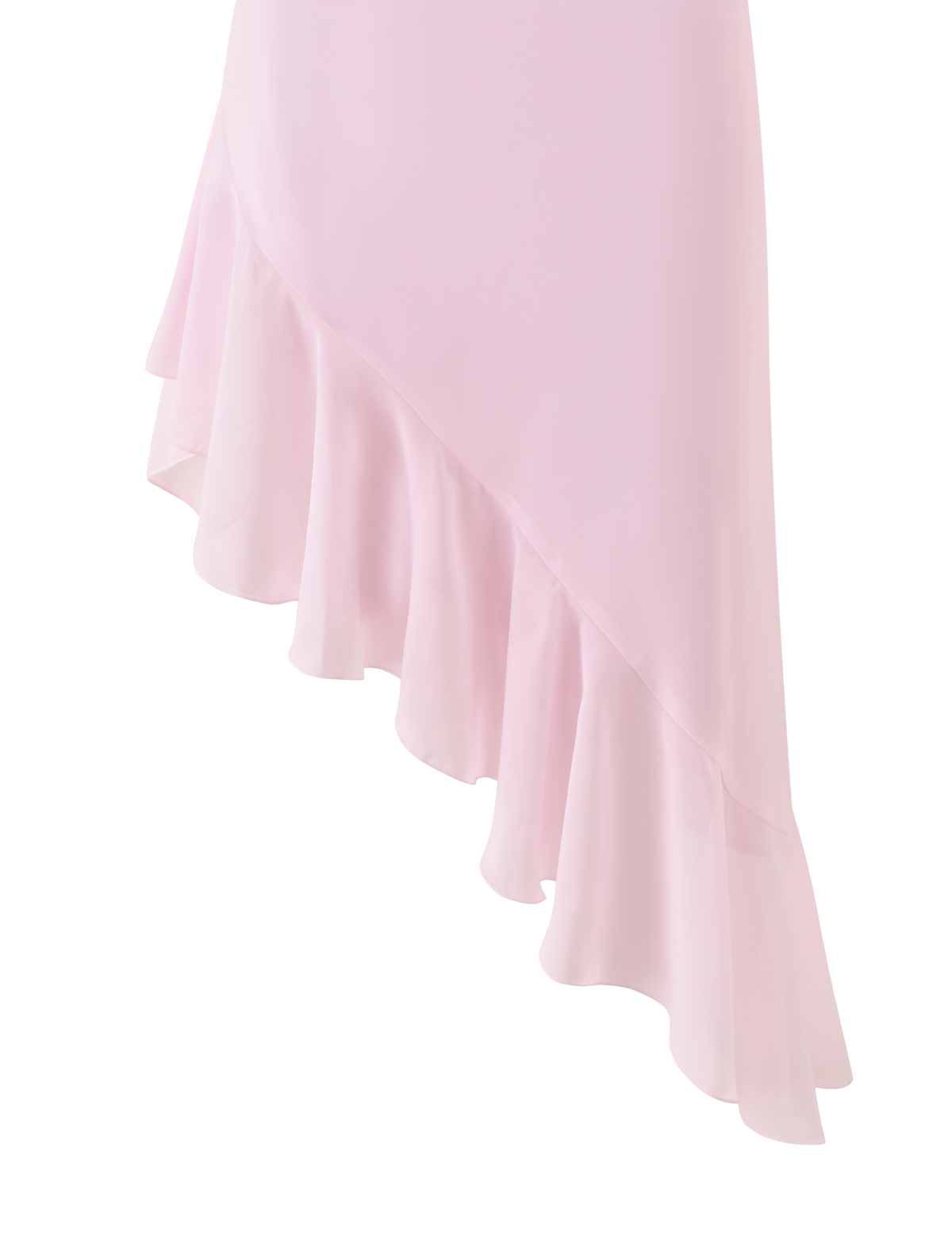 A close-up of the TIGERMIST ELARINA MIDI DRESS in pink, featuring an asymmetrical hemline and ruffled hem, displayed against a white background.