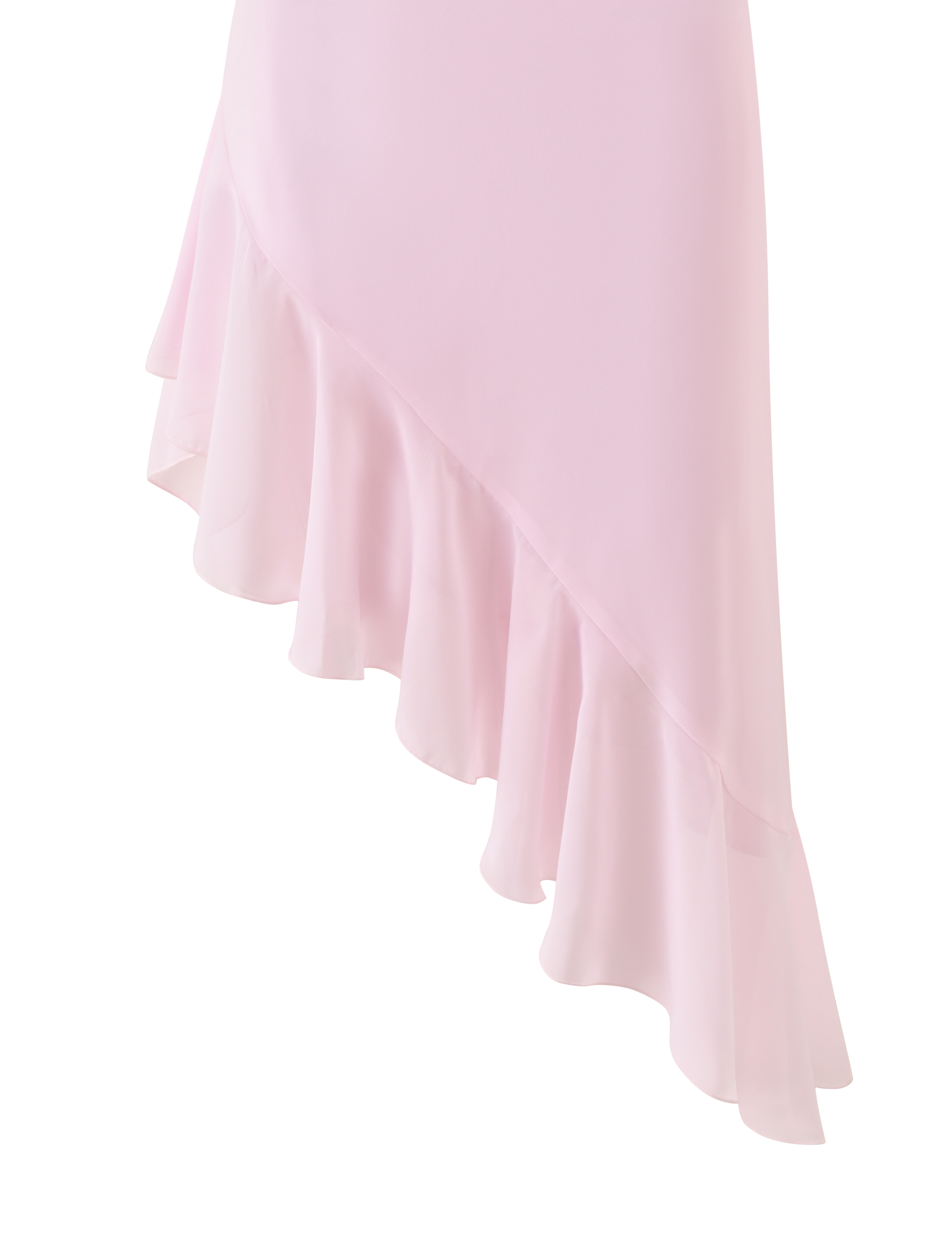 A close-up of the TIGERMIST ELARINA MIDI DRESS in pink, featuring an asymmetrical hemline and ruffled hem, displayed against a white background.