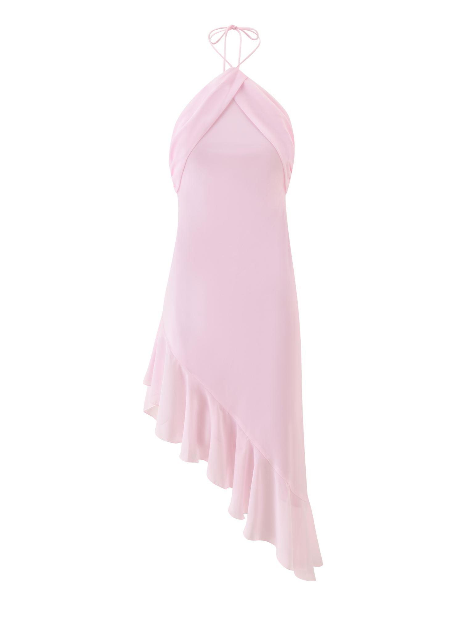 The ELARINA MIDI DRESS by TIGERMIST features a light pink halter-neck, crisscross bodice, fitted waist, and an asymmetrical ruffled hem in soft, flowing fabric for a delicate feminine look.
