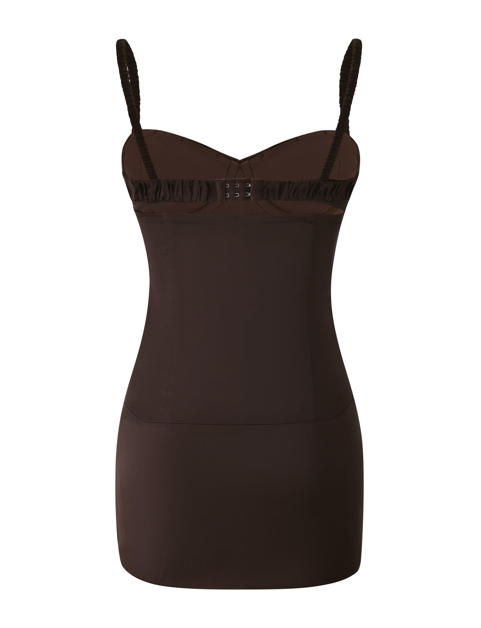 The GEORGINA MINI DRESS - BROWN by TIGERMIST is a fitted bodycon mini dress in dark brown, featuring adjustable straps, a structured bust area, and hook-and-eye closures at the front. The dress is displayed on a plain white background.
