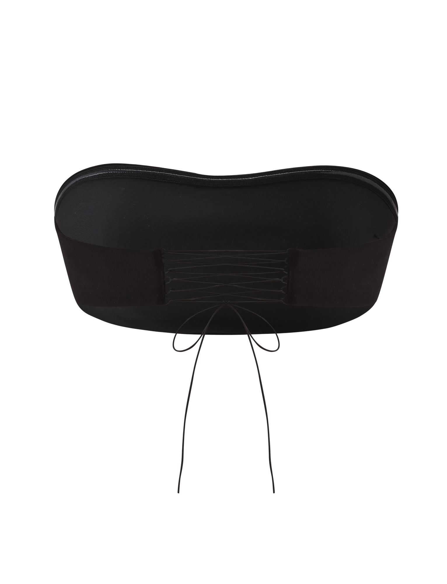 The PILAR BANDEAU - BLACK by TIGERMIST is a cropped black bandeau top in soft ponte jersey with a lace-up back and thin adjustable strings, shown against a plain white background.