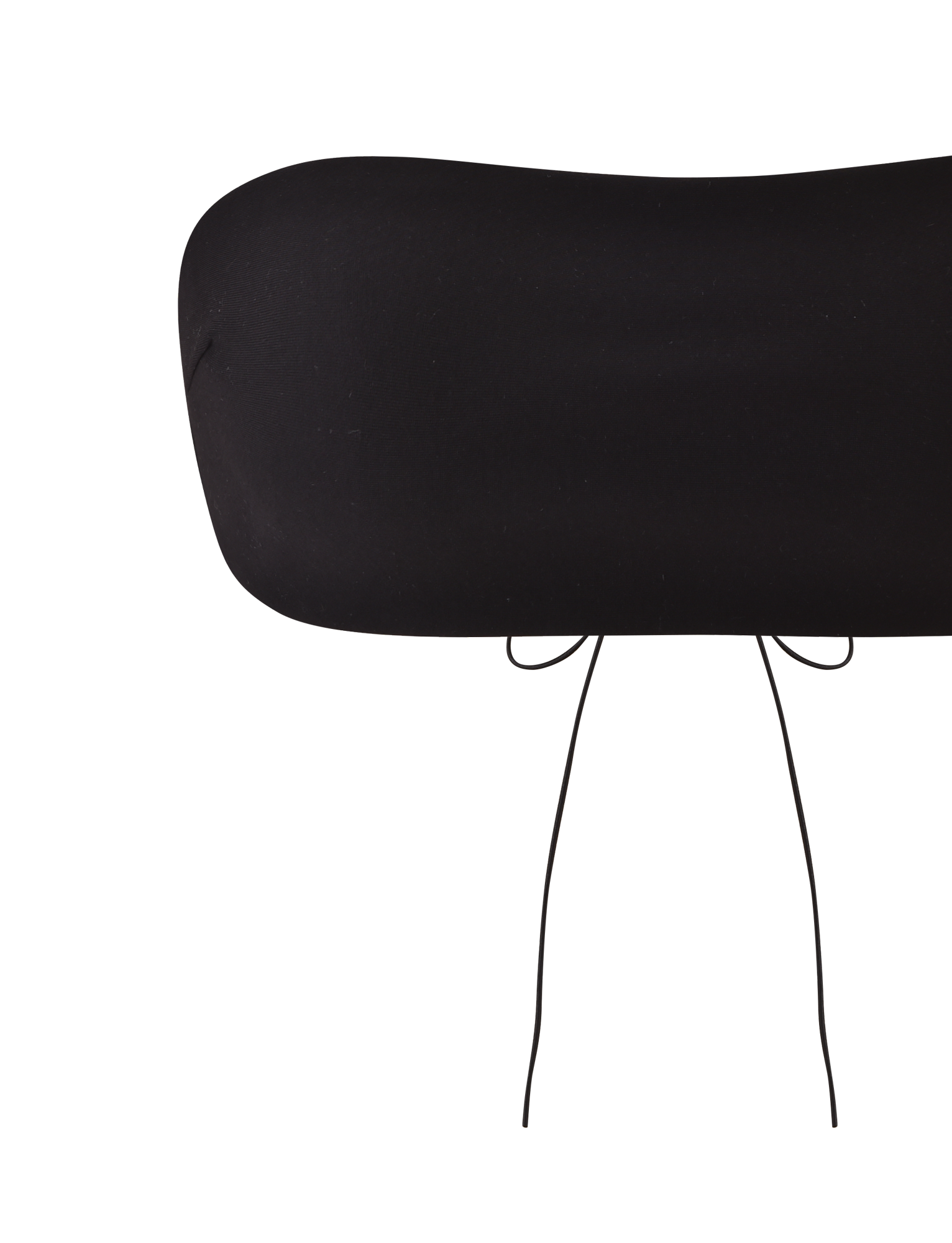 A minimalistic image of the TIGERMIST PILAR BANDEAU - BLACK, featuring its black, oblong, cushion-like design with lace-up detail on thin black metal legs, set against a plain white background.