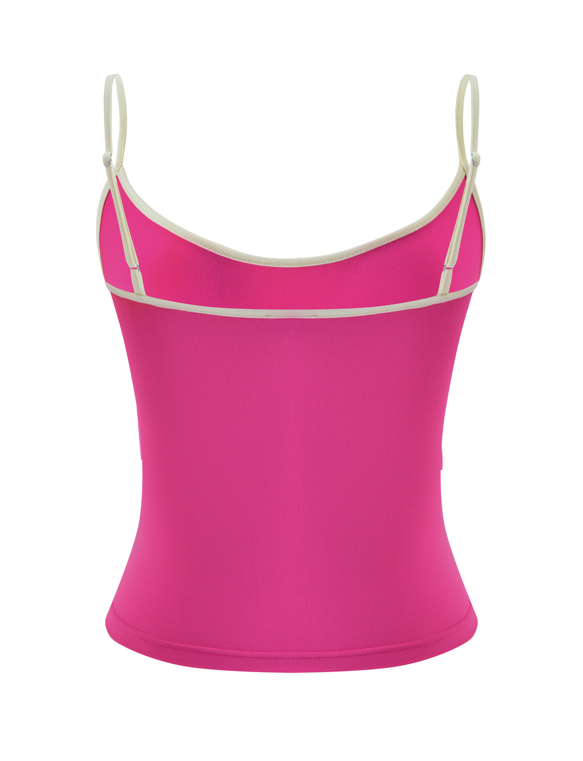 The GREER TOP - HOT PINK by TIGERMIST features a vibrant hot pink color, adjustable white spaghetti straps, and white trim, displayed from the back against a white background.