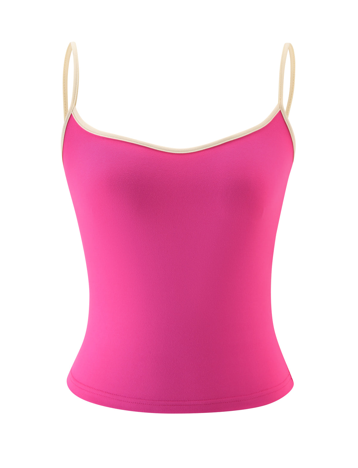 The GREER TOP - HOT PINK by TIGERMIST is a sleeveless camisole featuring adjustable spaghetti straps and a slightly curved neckline, shown against a white background.
