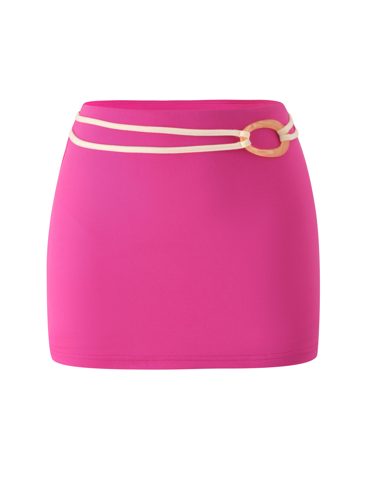 Introducing the GREER MINI SKIRT - HOT PINK by TIGERMIST: a vibrant hot pink mini skirt designed with a double cream-colored strap at the waist and a statement large oval buckle on the right side. This fitted silhouette brings a playful pop of color to your look while perfectly accentuating your figure.