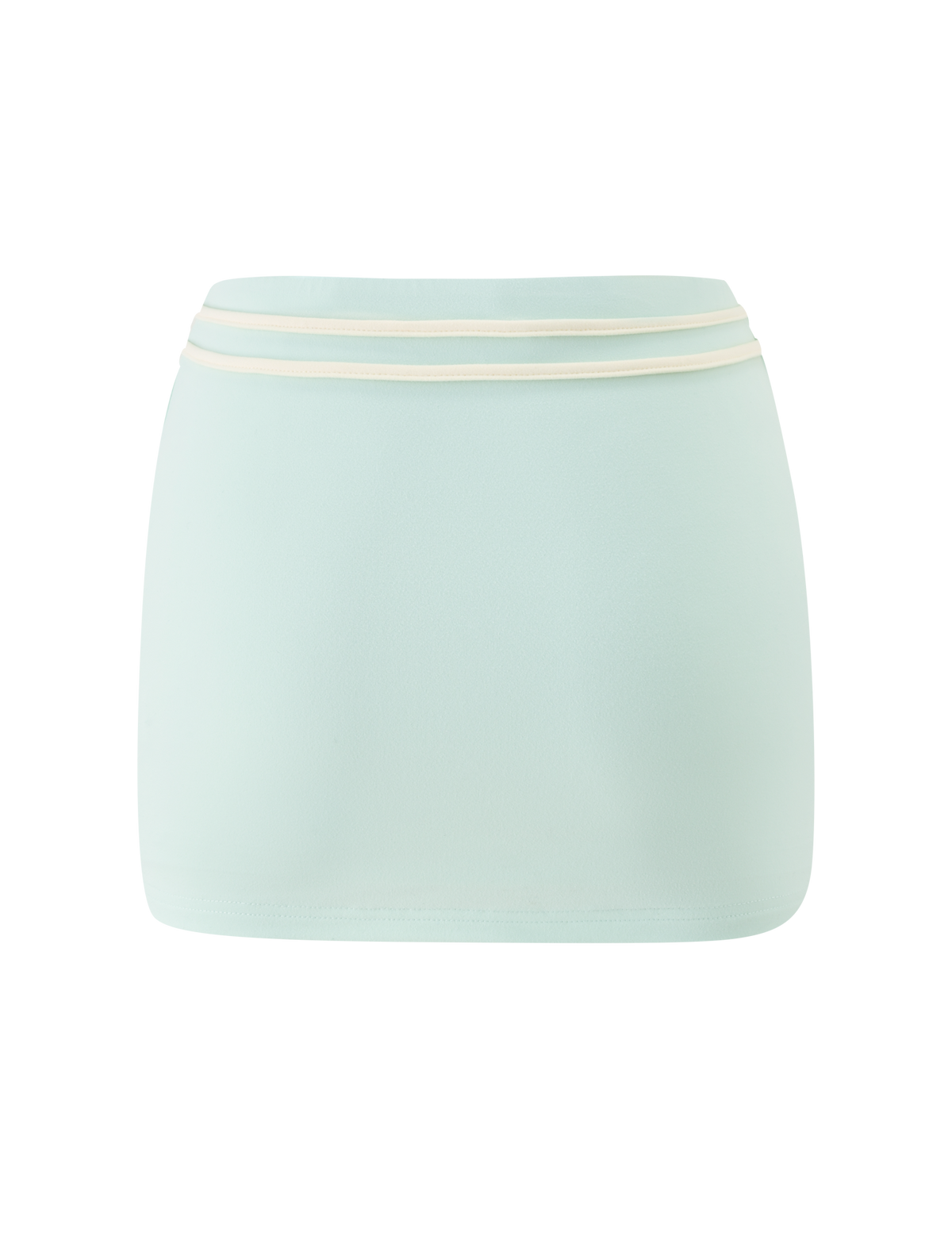 The TIGERMIST GREER MINI SKIRT in mint green features a simple design with a white stripe near the waistband, is fully lined for comfort, and is shown against a white background.