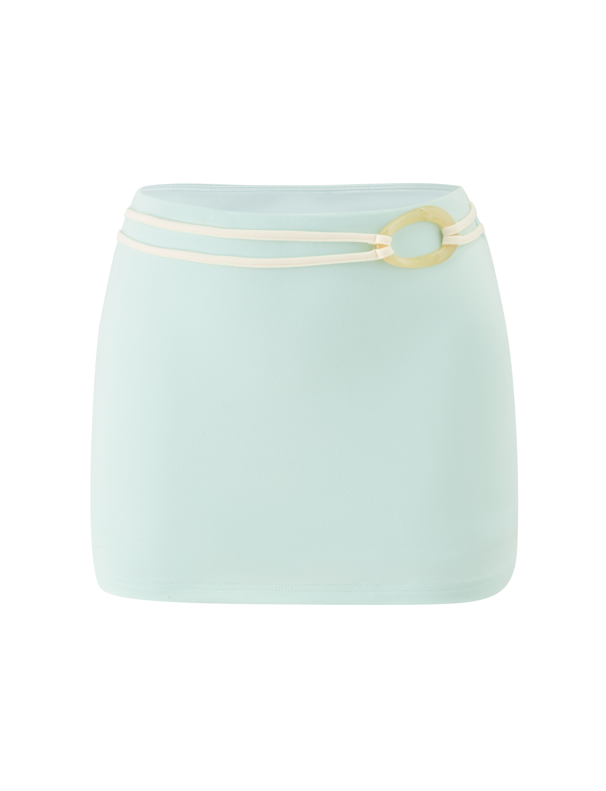 The TIGERMIST GREER MINI SKIRT in mint green is fully lined for comfort, featuring a double cream belt with a round buckle on the right side. It has a simple, smooth design with no visible patterns or textures.