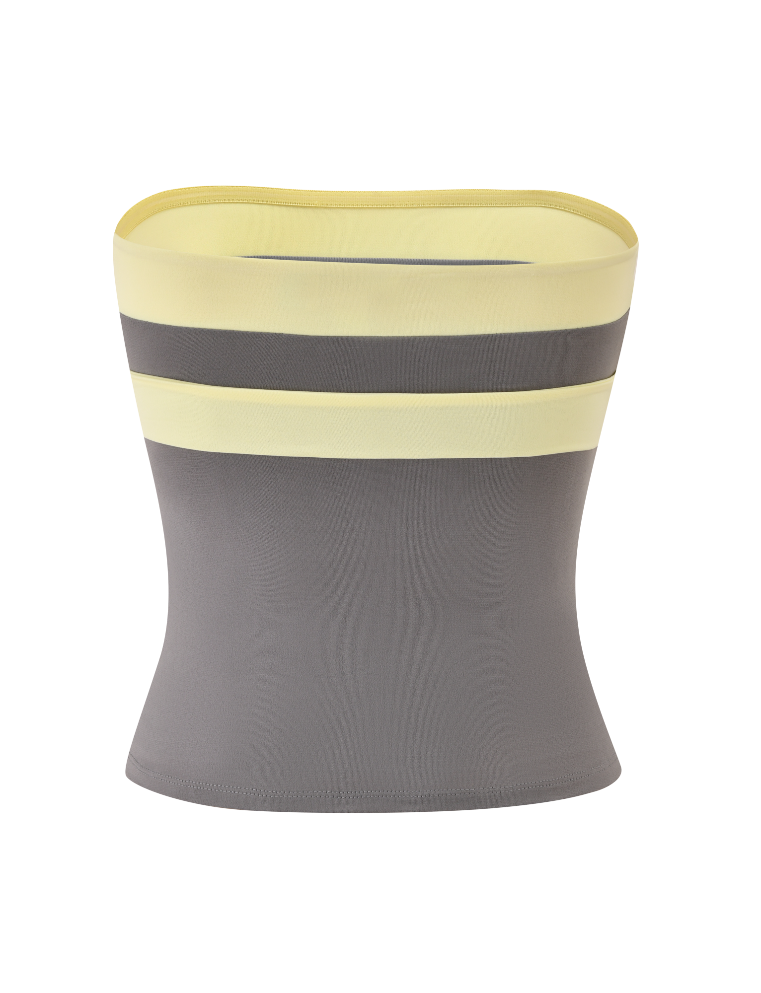 The EOS TOP - GREY AND YELLOW by TIGERMIST is a gray strapless boob tube with two striking yellow stripes near the top, shown against a white background.