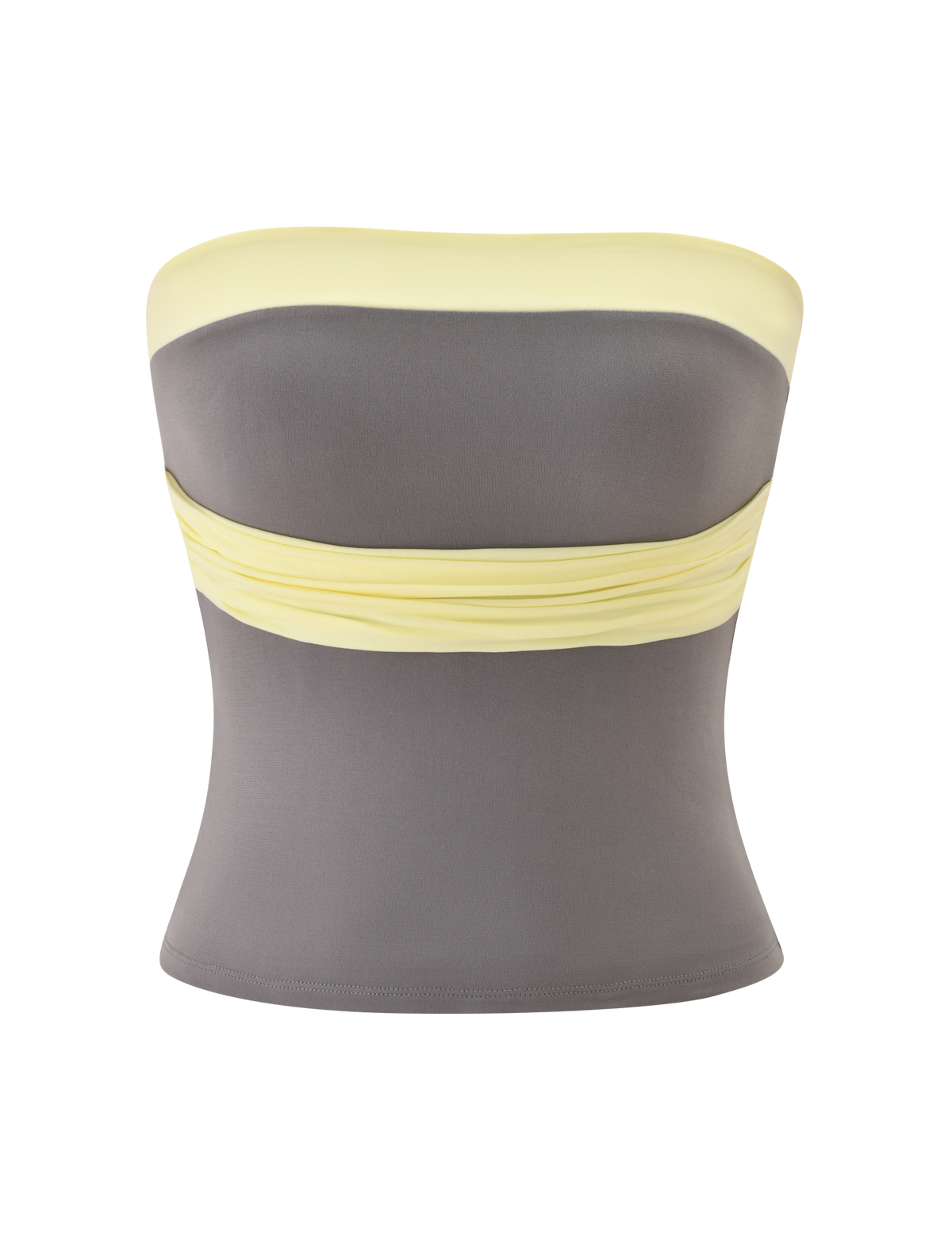 The TIGERMIST EOS TOP - GREY AND YELLOW is a strapless, fitted boob tube featuring a grey body with light yellow bands at the top and midsection, finished with a sleek, modern neckline.