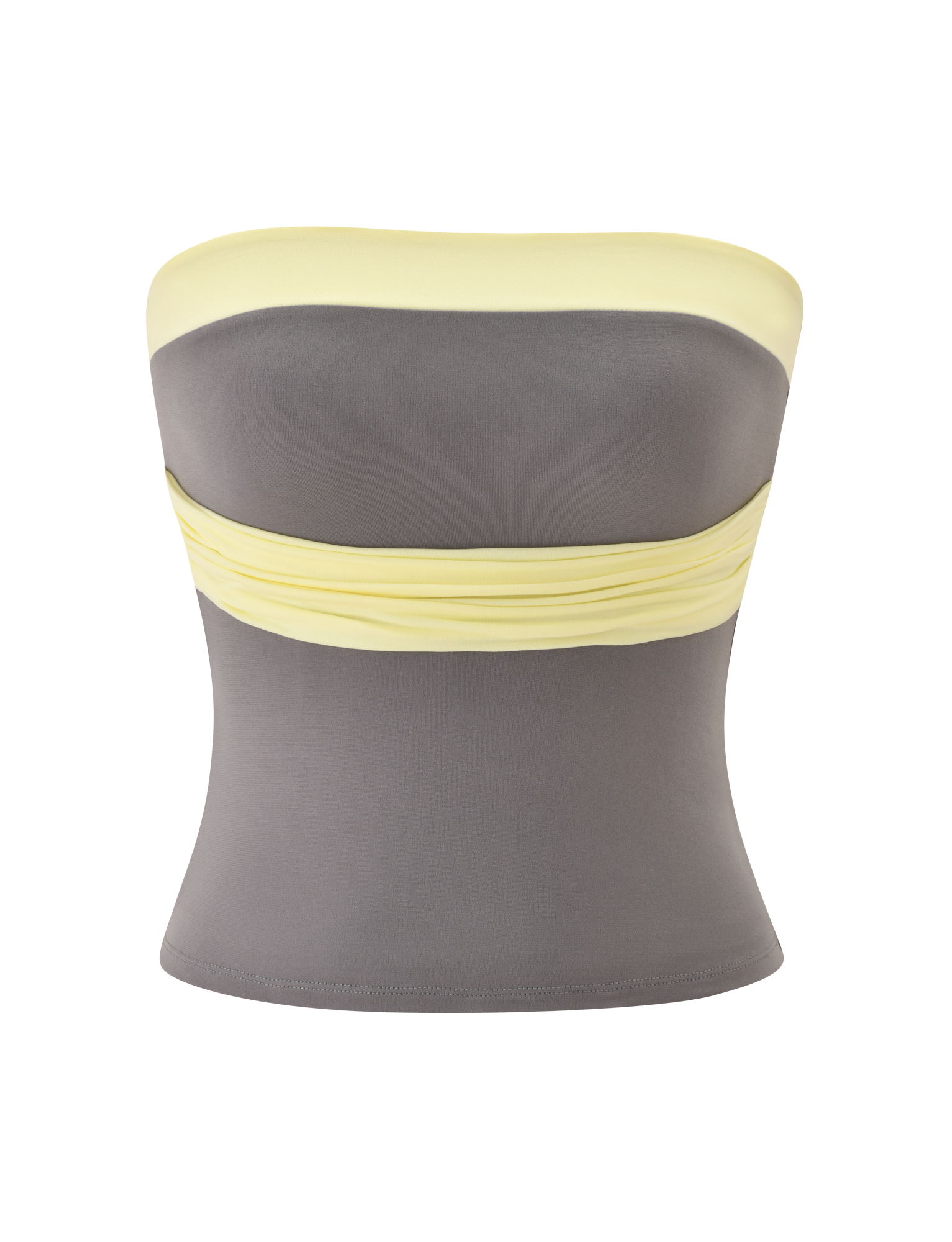 The TIGERMIST EOS TOP - GREY AND YELLOW is a strapless, fitted boob tube featuring a grey body with light yellow bands at the top and midsection, finished with a sleek, modern neckline.