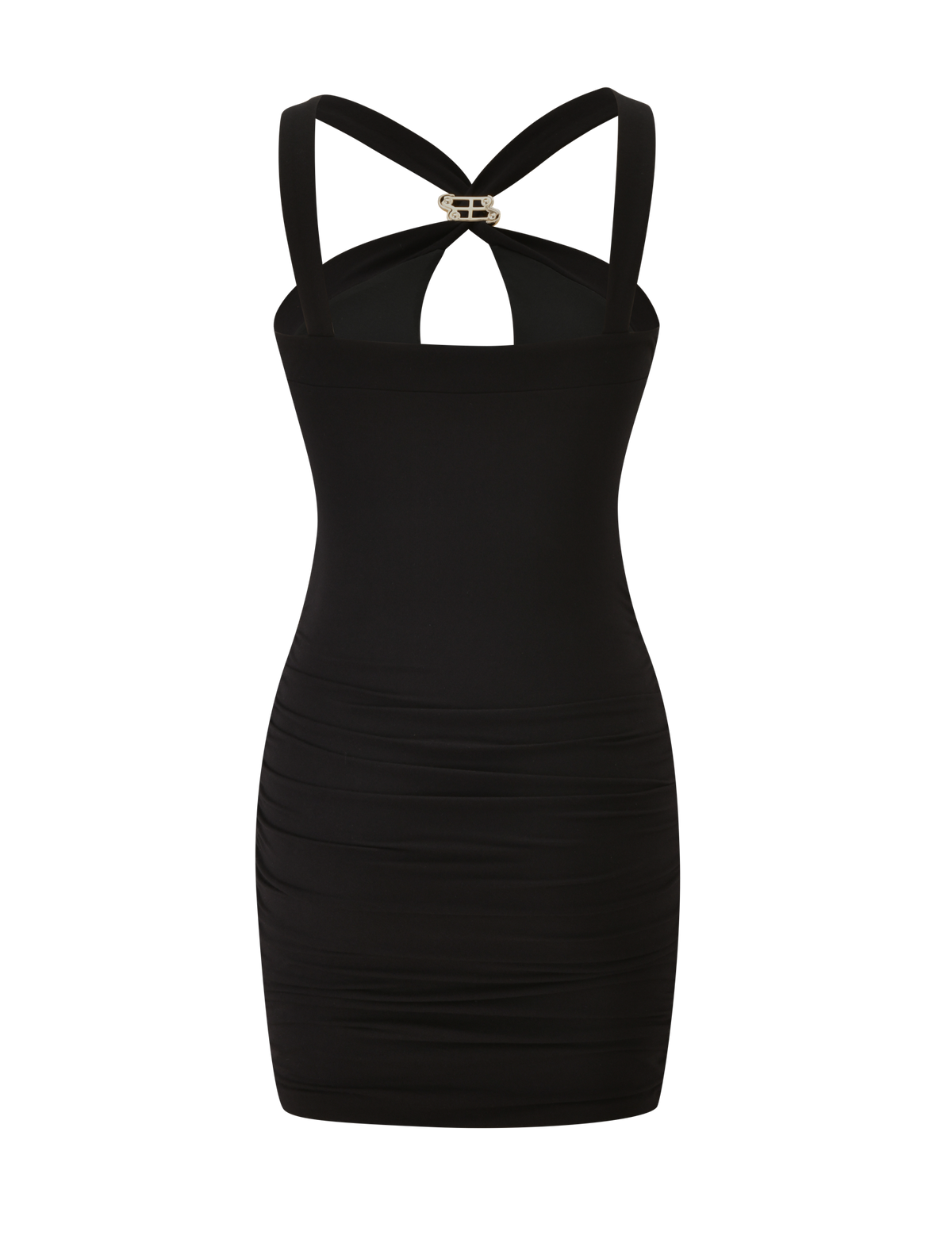The FINCH MINI DRESS - BLACK by TIGERMIST is a fitted, sleeveless mini dress with a keyhole cutout, crisscross straps, ruched detailing, and metallic chest embellishment—ideal as a standout date night look.