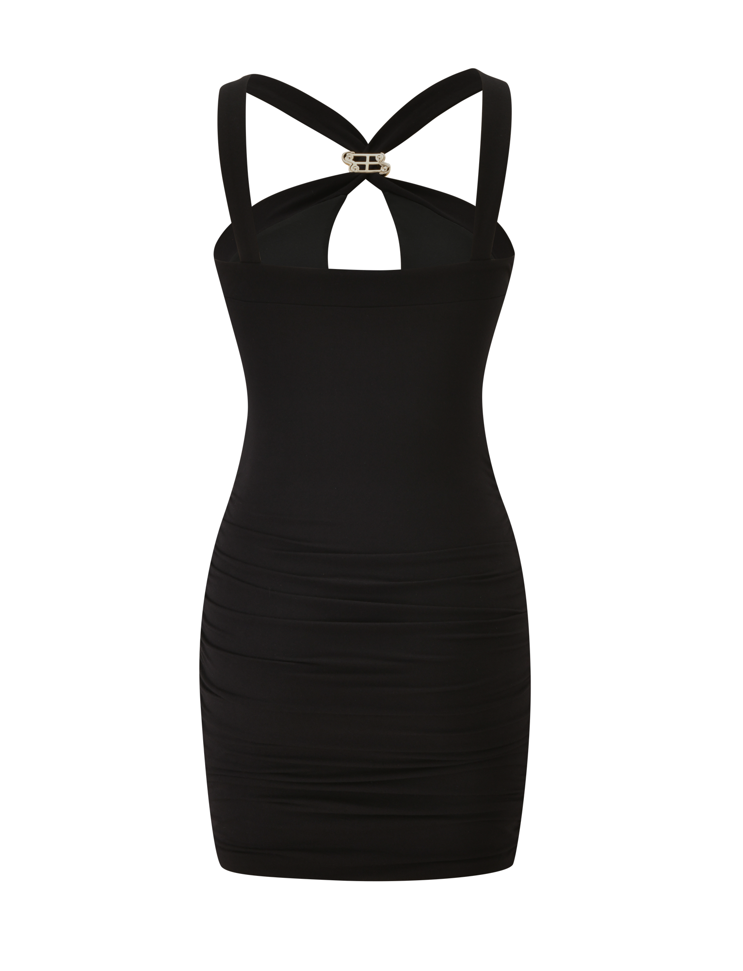 The FINCH MINI DRESS - BLACK by TIGERMIST is a fitted, sleeveless mini dress with a keyhole cutout, crisscross straps, ruched detailing, and metallic chest embellishment—ideal as a standout date night look.