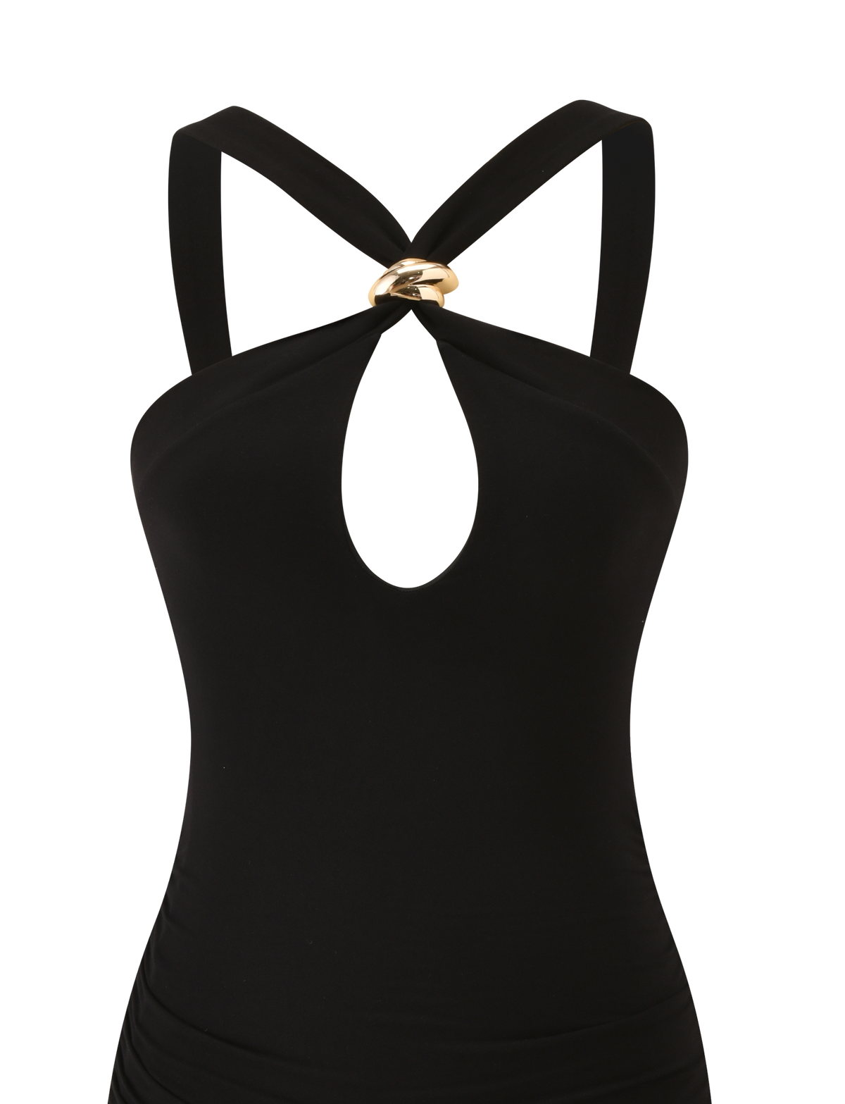 The FINCH MINI DRESS by TIGERMIST features wide shoulder straps, a gold circle accent at the chest, and a teardrop cutout—an elegant black mini perfect for date night.