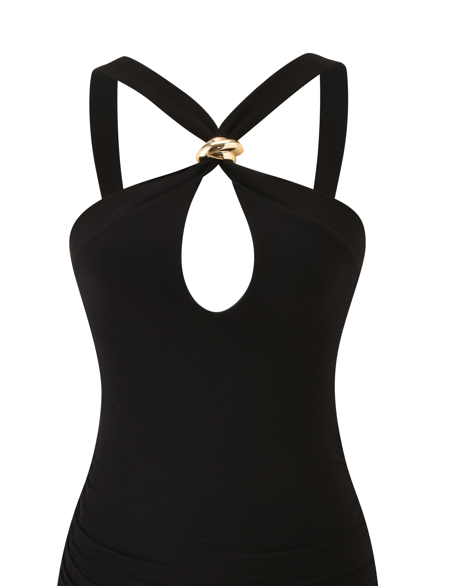 The FINCH MINI DRESS by TIGERMIST features wide shoulder straps, a gold circle accent at the chest, and a teardrop cutout—an elegant black mini perfect for date night.