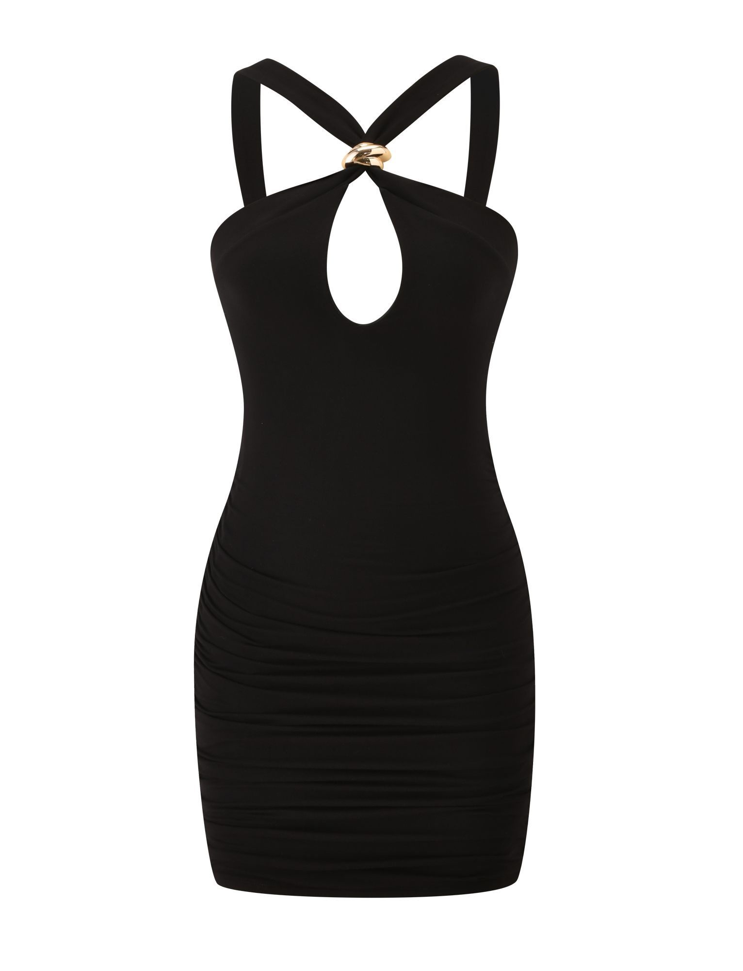 The FINCH MINI DRESS by TIGERMIST is a sleeveless black mini dress featuring crisscross straps, a chest keyhole cutout with gold ring detail, and ruched sides—perfect for date night, shown on a white background.