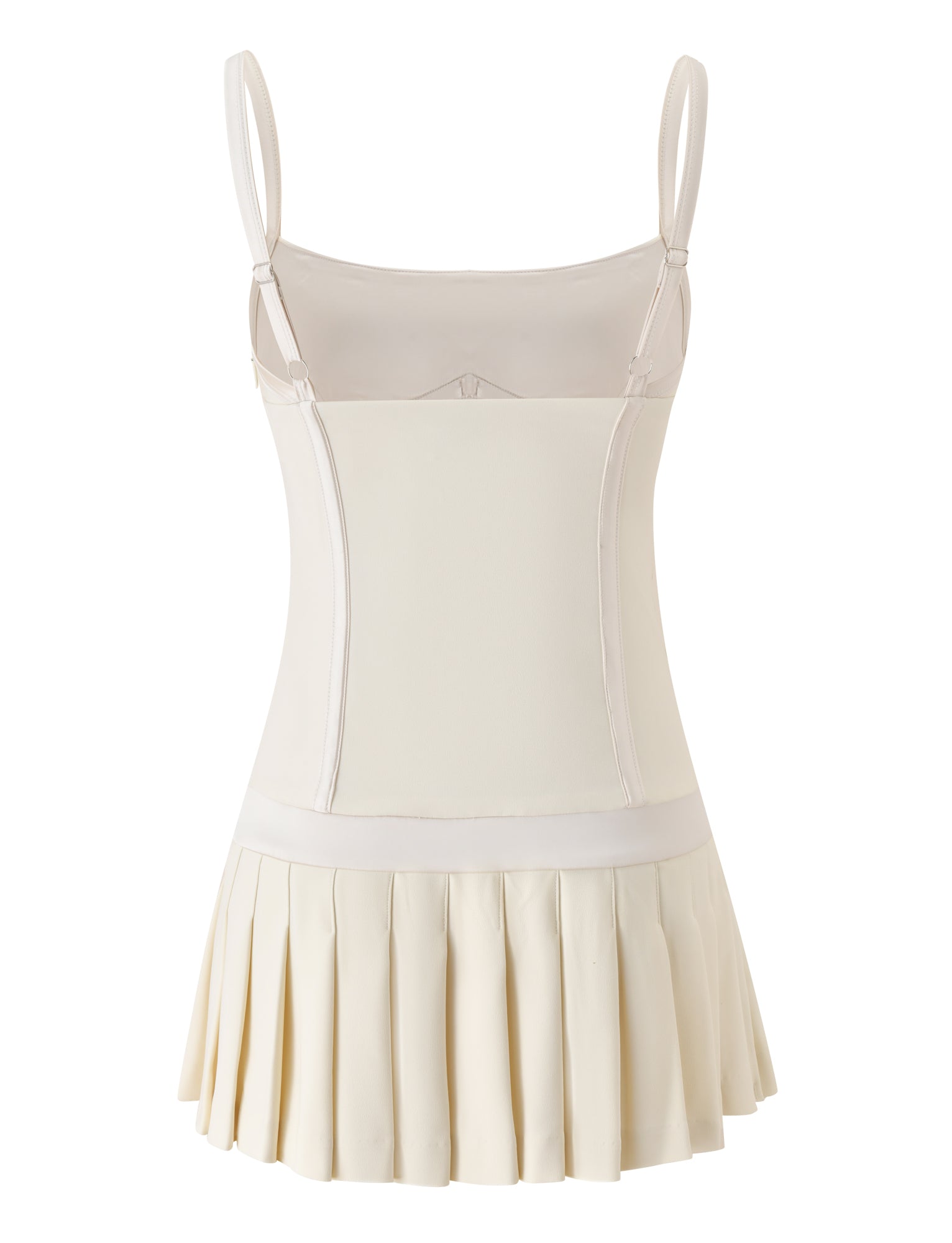 The MARLOW MINI DRESS by TIGERMIST features a cream-colored, sleeveless design with adjustable shoulder straps, a fitted bodice, and a pleated mini skirt. Crafted from smooth, lightweight fabric, this dress showcases a simple yet elegant silhouette.