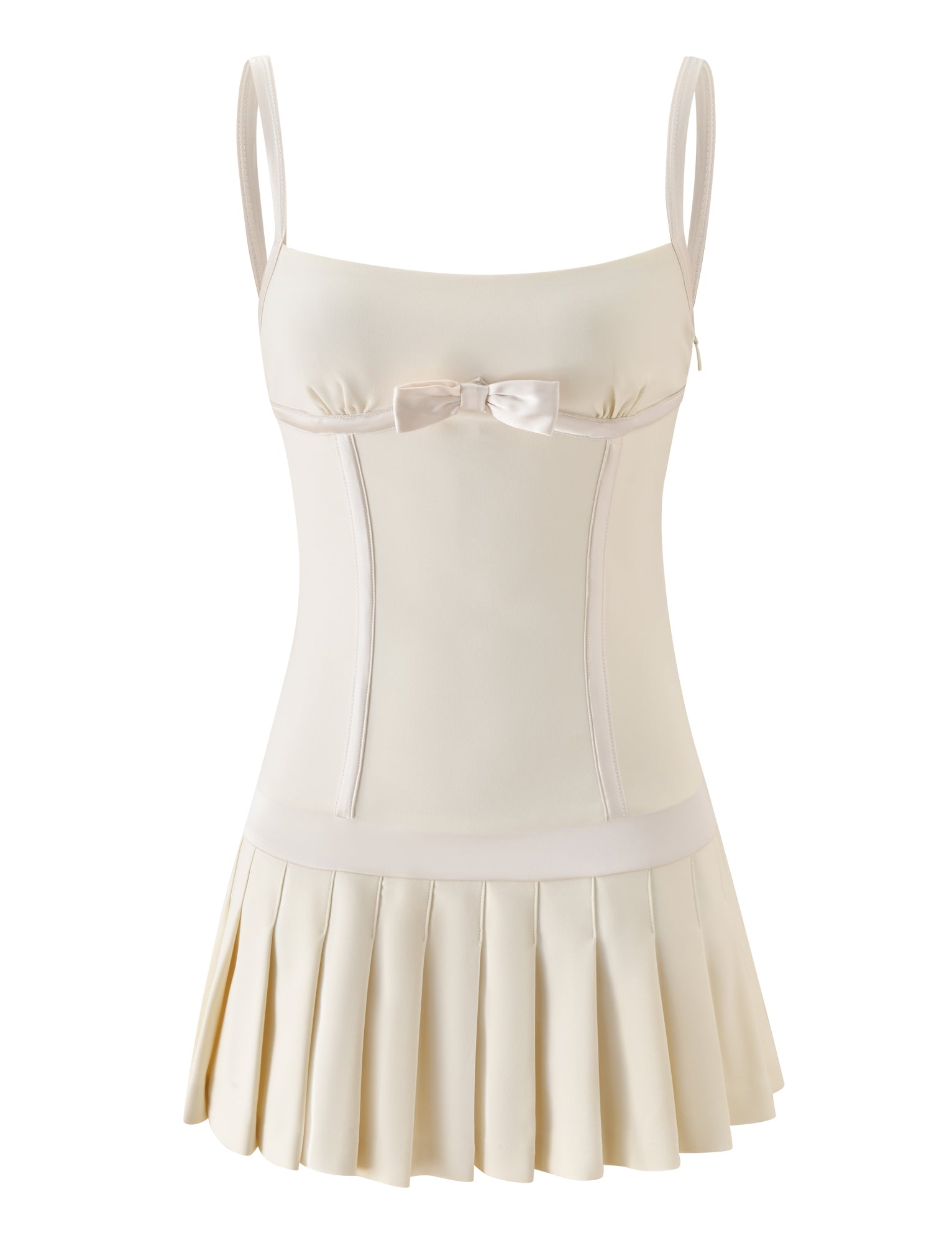 The MARLOW MINI DRESS - CREAM by TIGERMIST is an ivory-toned sleeveless mini dress featuring adjustable shoulder straps, a fitted bodice, a satin bow accent on the chest, and a softly flared pleated skirt.