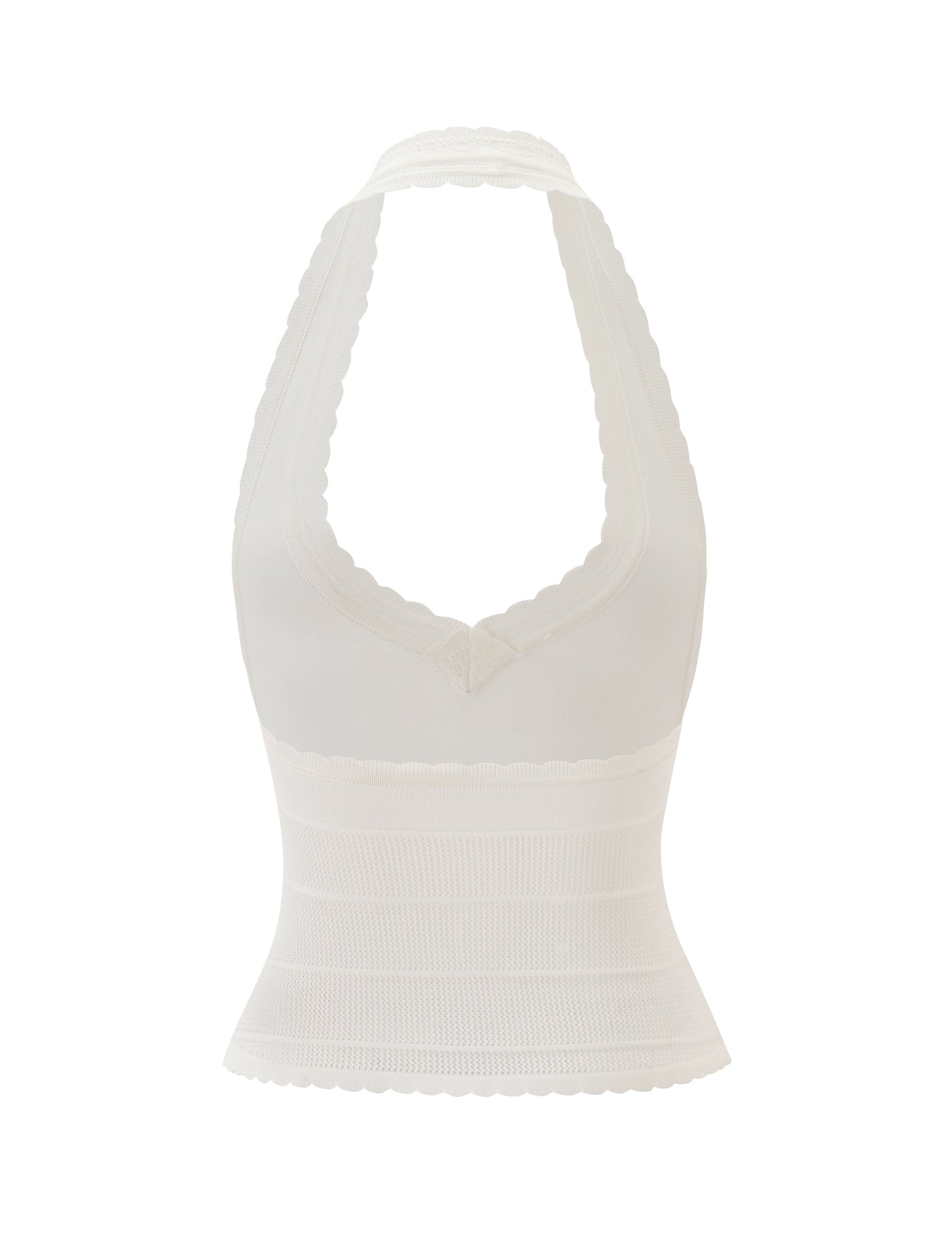 Introducing the DENI HALTER - CREAM by TIGERMIST: This elegant halter top features a white cream knit with scalloped edges, a plunging V neckline, and a fitted, ribbed bodice. Crafted from fine thread knit fabric, it offers a soft, stretchy feel with a slightly sheer finish for a refined and delicate look.