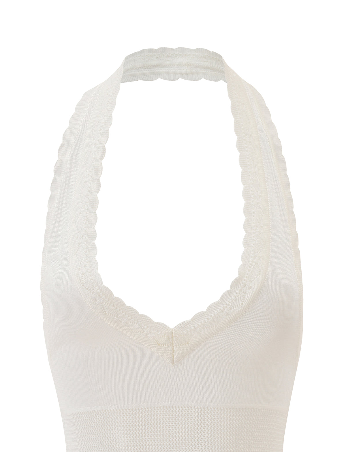 Introducing the DENI HALTER - CREAM by TIGERMIST: A cream knit halter top featuring a scalloped, plunging V neckline. Crafted from fine thread knit fabric, it offers a fitted, ribbed silhouette with a subtle textured pattern. The sleeveless design includes a halter strap that fastens behind the neck for an elegant finish.