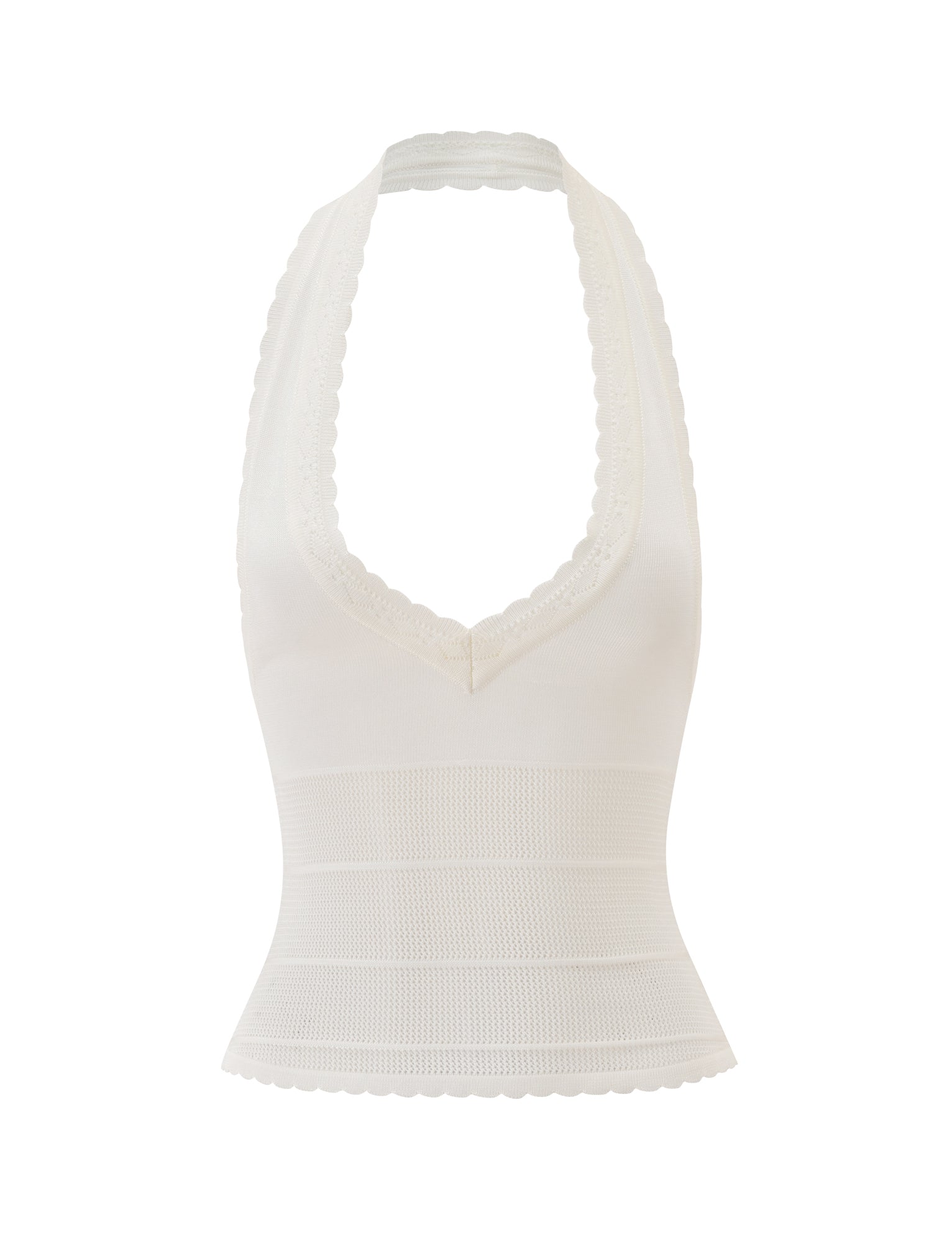 The DENI HALTER - CREAM by TIGERMIST is a sleeveless, cream halter-neck knit top featuring a plunging V neckline and scalloped edges. Crafted from a fine thread knit, this top accentuates the fitted waist with delicate ribbed detailing near the hem.