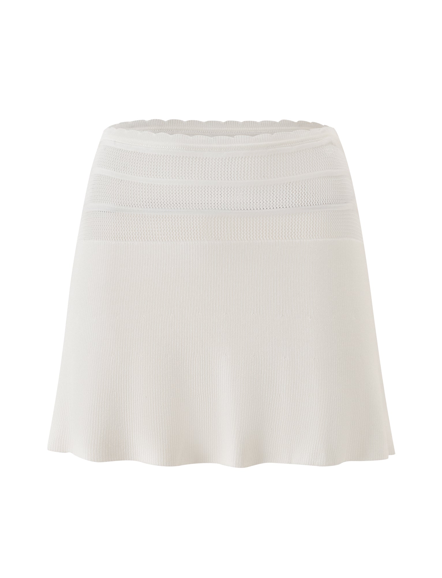 The DENI MINI SKIRT - CREAM by TIGERMIST is a lightweight, cream-colored A-line mini skirt featuring a ribbed waistband, subtle horizontal textured stripes near the top, and a gently flared hem. Its simple design makes it an ideal choice for effortless everyday summer style.