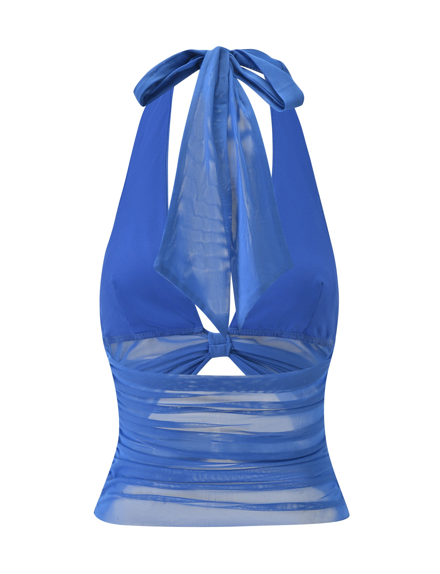 Discover the CLEA HALTER - COBALT by TIGERMIST—a striking cobalt blue mesh halter top featuring a sheer panel, keyhole cutout at the chest, and a tie closure at the neck, making it perfect for holiday occasions. Designed with horizontal sheer stripes at the bottom and a subtle plunging neckline, this top adds an alluring touch to any look.