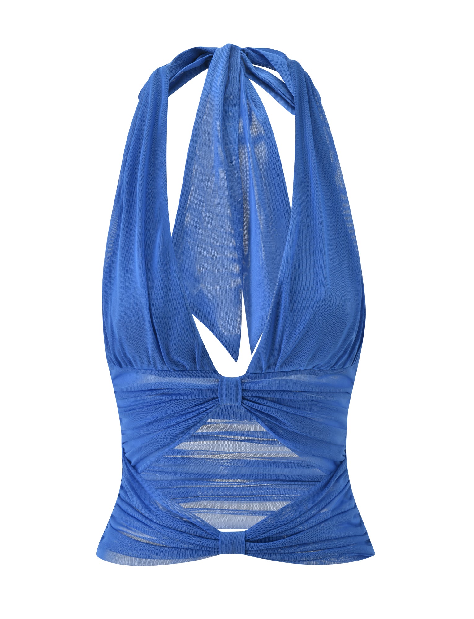 Introducing the CLEA HALTER - COBALT from TIGERMIST: a cobalt blue mesh halter top designed with a plunging neckline, open back, and gathered waist detail. This holiday-ready top features sheer, ruched cut-out accents and a bow-inspired center for an effortlessly chic look.