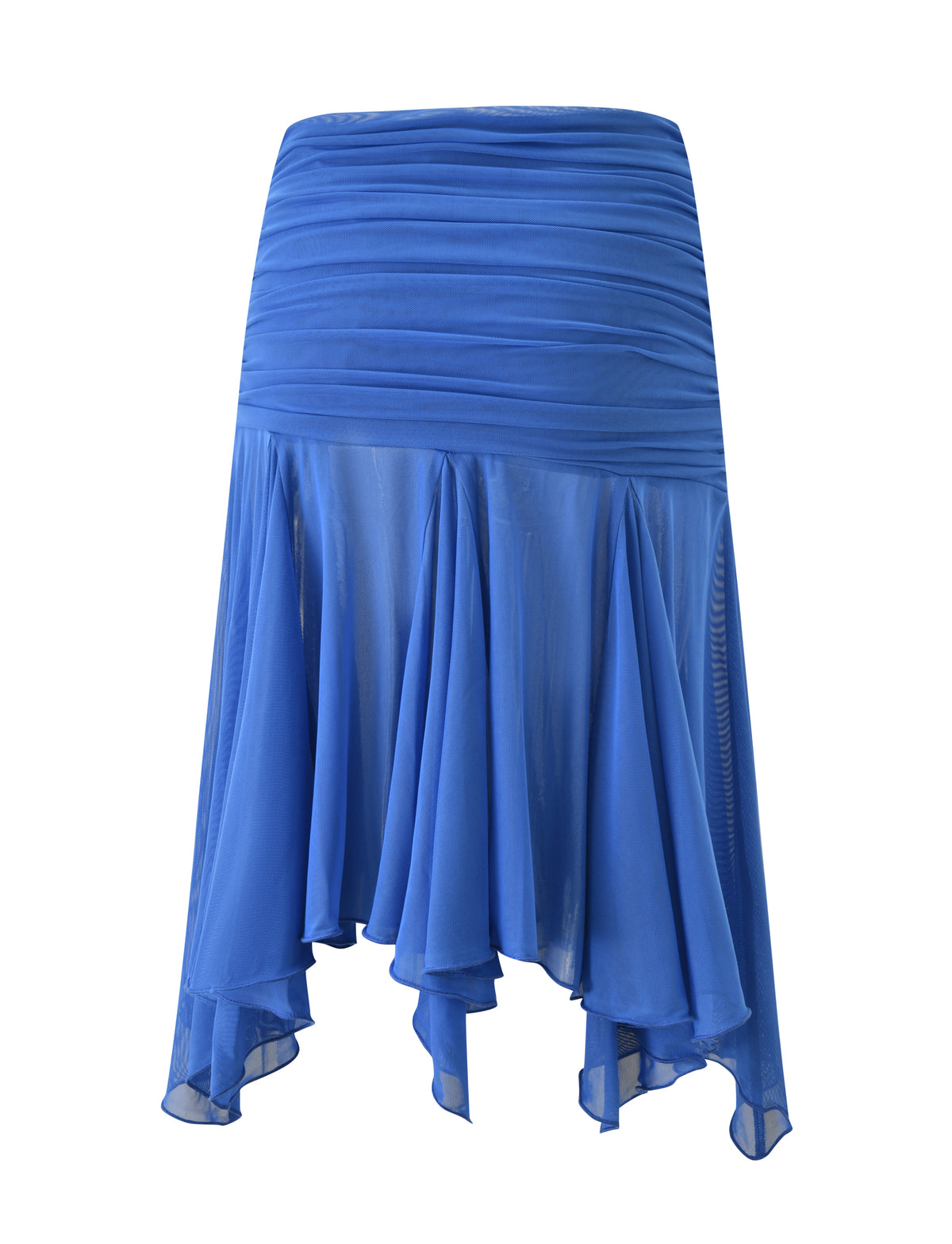 The CLEA MIDI SKIRT - COBALT from TIGERMIST is a cobalt blue midi skirt with an asymmetrical hem, featuring a ruched waistband and a flowing, layered hem crafted from sheer, lightweight fabric.