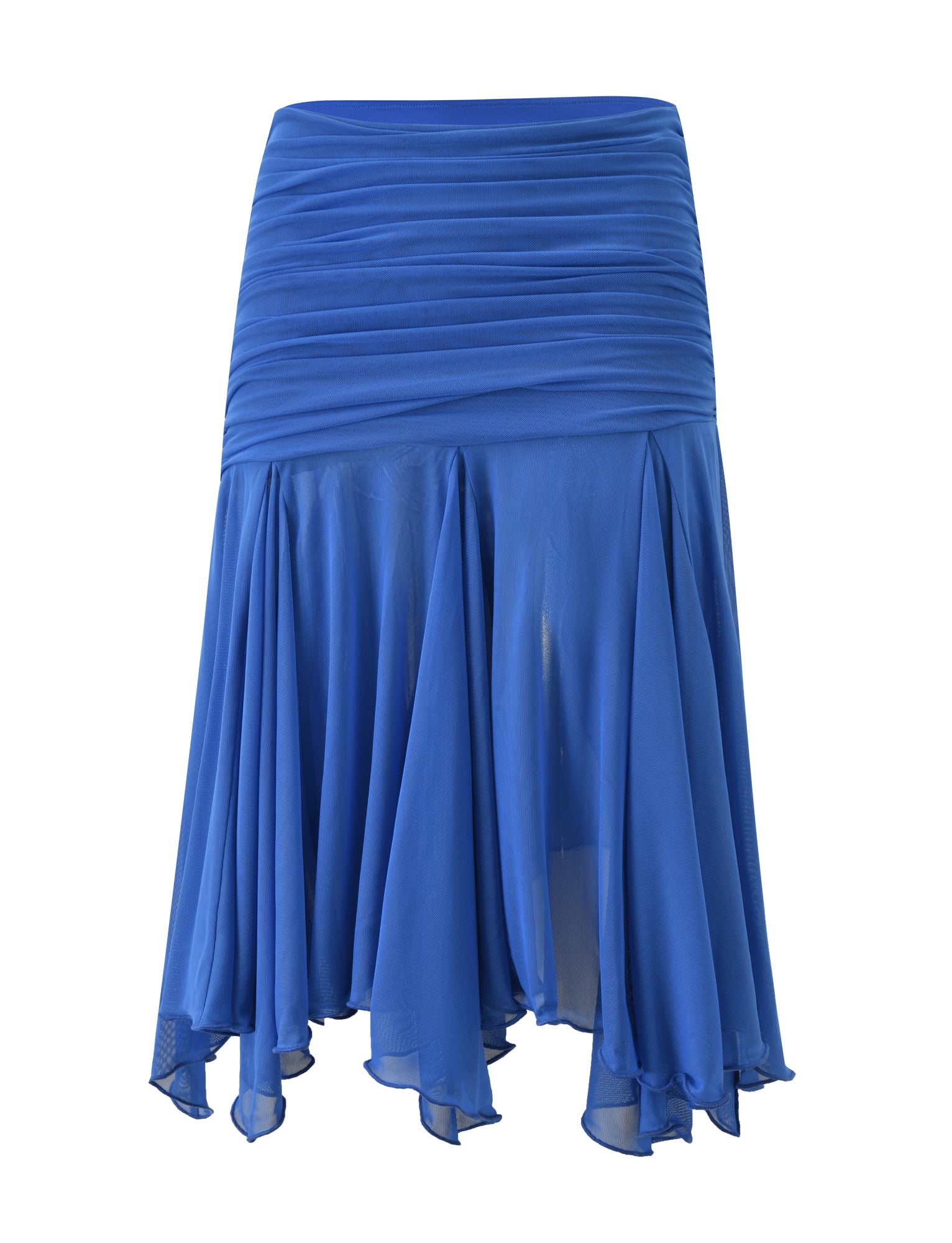 The CLEA MIDI SKIRT - COBALT by TIGERMIST is a cobalt blue midi skirt made from airy chiffon, featuring a ruched waistband and an elegant, flowy asymmetrical hem.